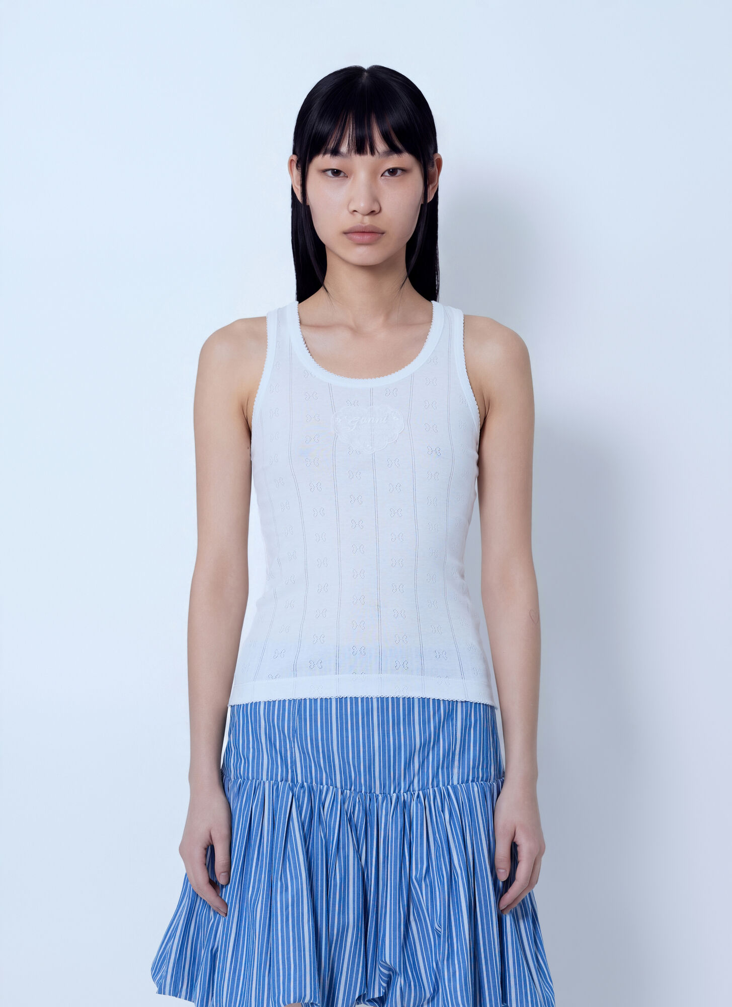 Ganni , Sleeveless Tops, Female, White, M, Compact Pointelle Rib Jersey Tank Top - Image 3
