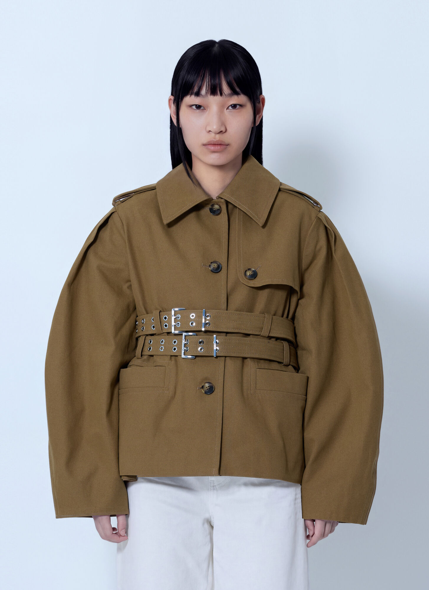 Ganni Women's Khaki Workwear Canvas Short Peplum Jacket - Woman Jackets Fr - 34 - Image 1