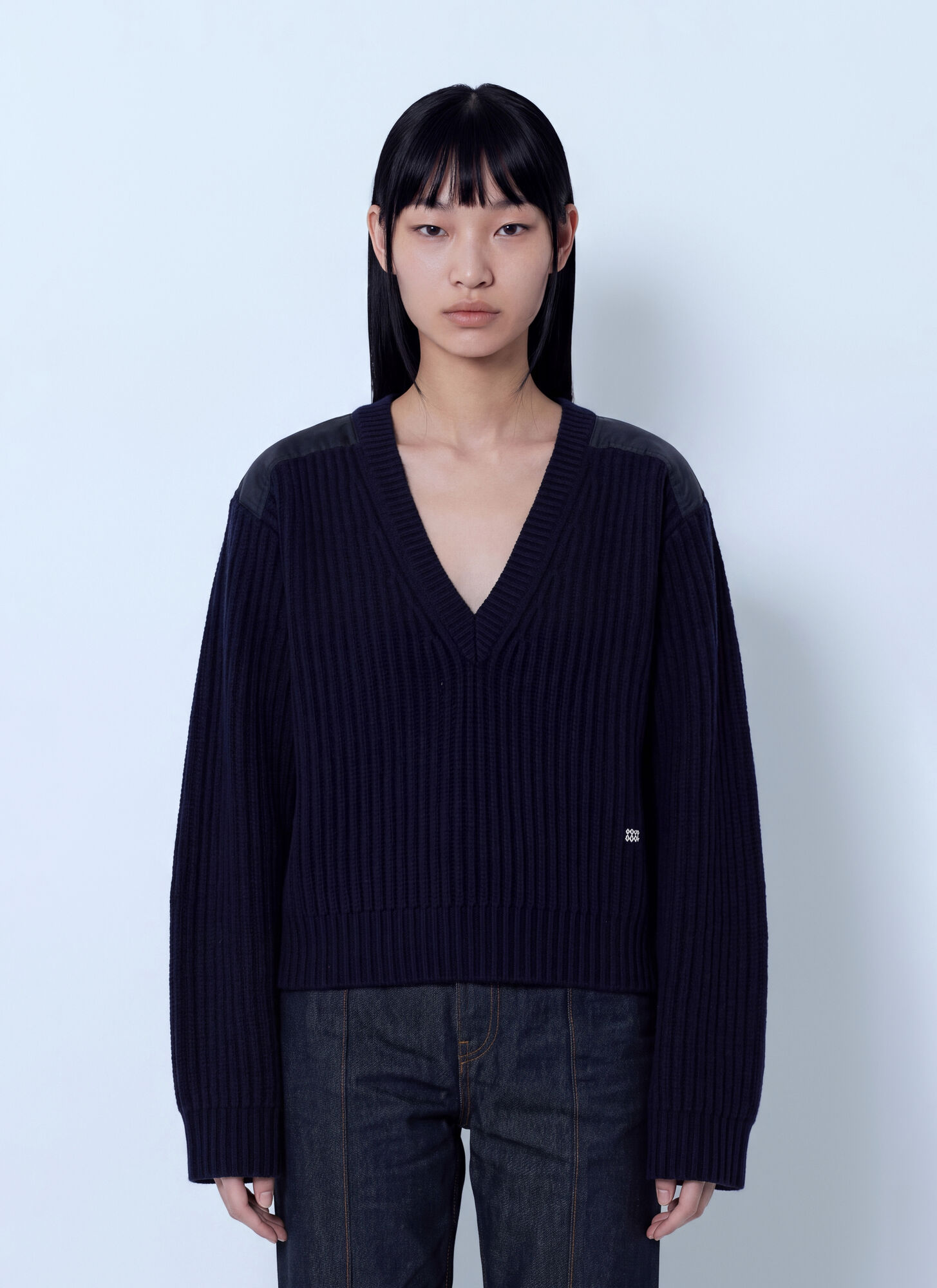 Ganni Women's Navy Wool Melange Rib Stripe V Neck - Woman Knitwear S - Image 1