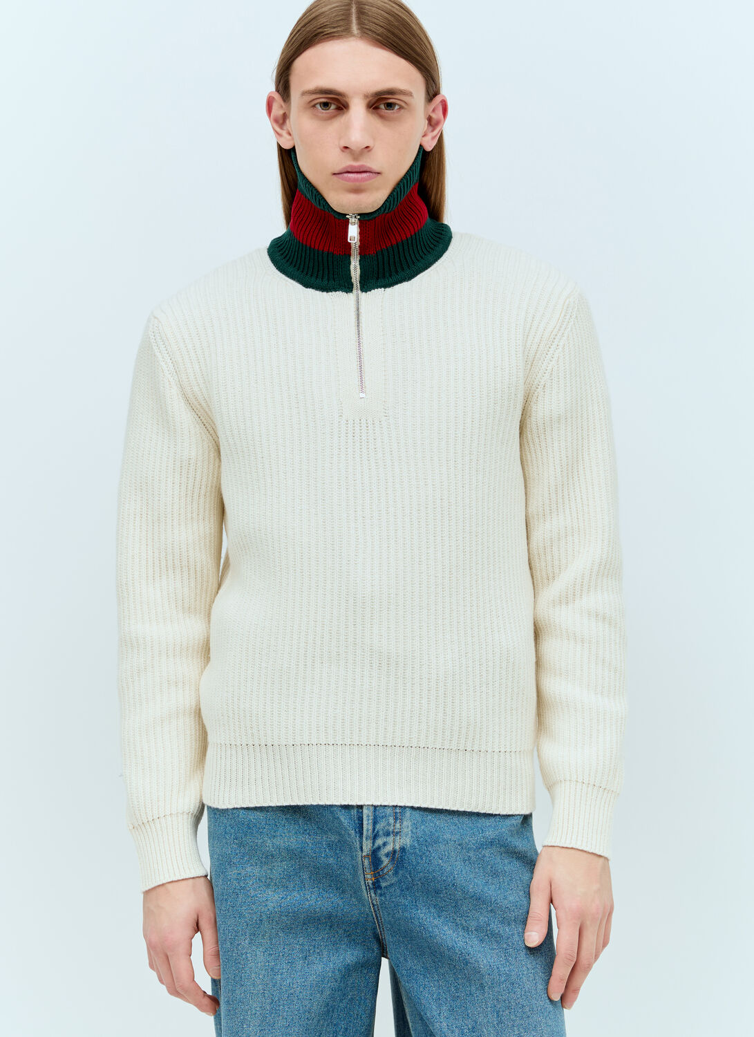 Shop Gucci Wool Knit Web Sweater In Cream