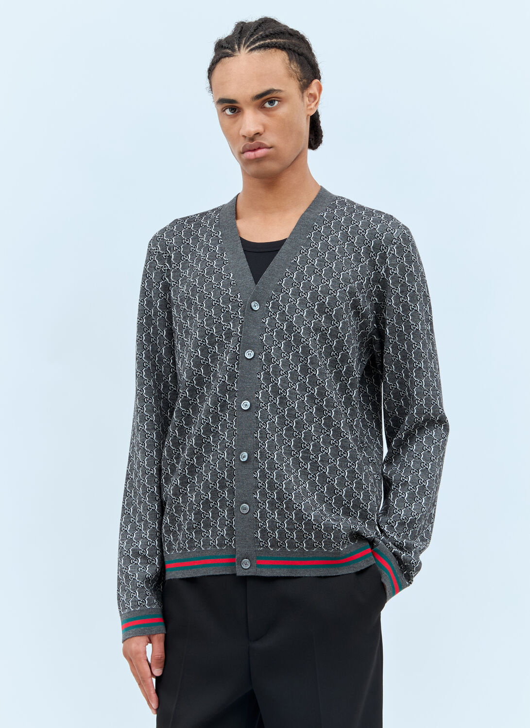 Gucci Wool And Silk Cardigan With Gg Motif In Grey