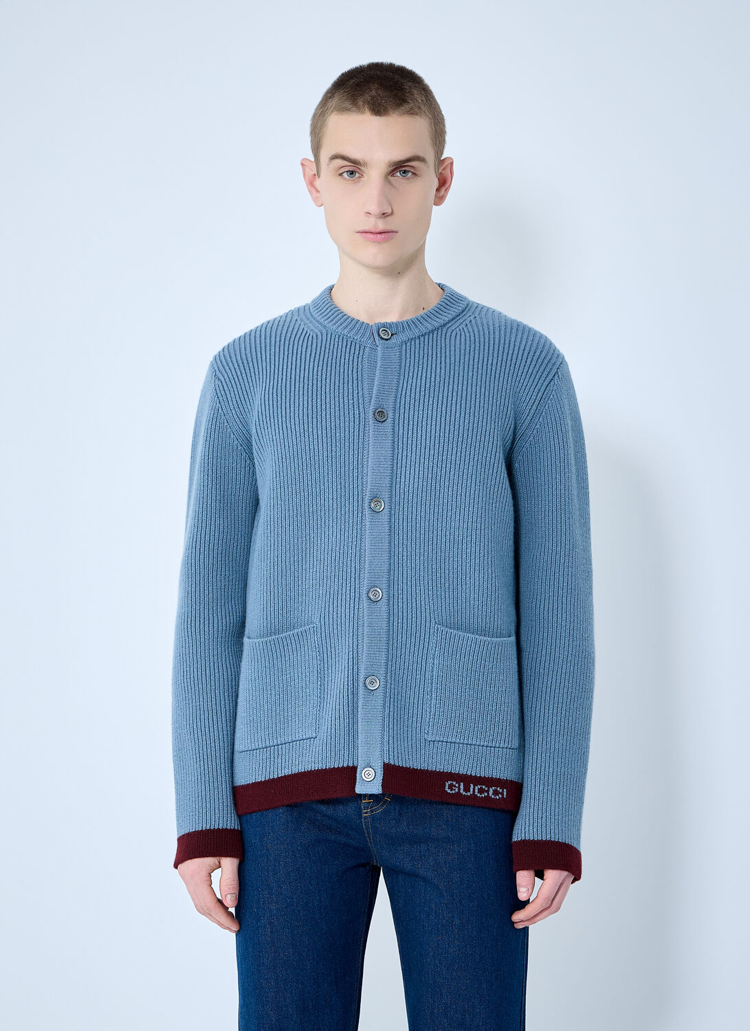 Gucci Men Wool Cardigan With Intarsia In Blue