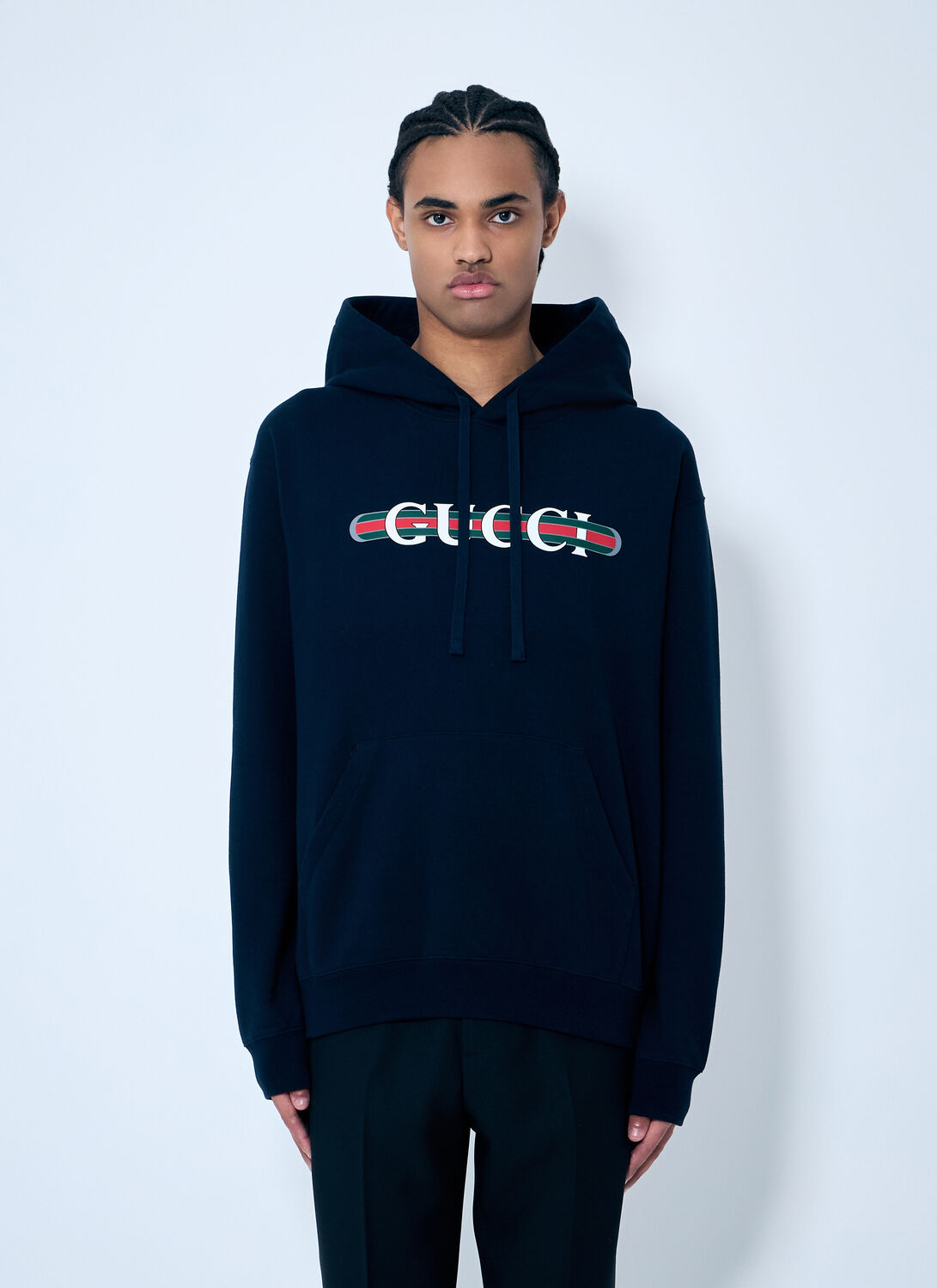 Gucci Blue Hoodie With Drawstring Hood And Logo Print On The Front In Jersey Man In Navy