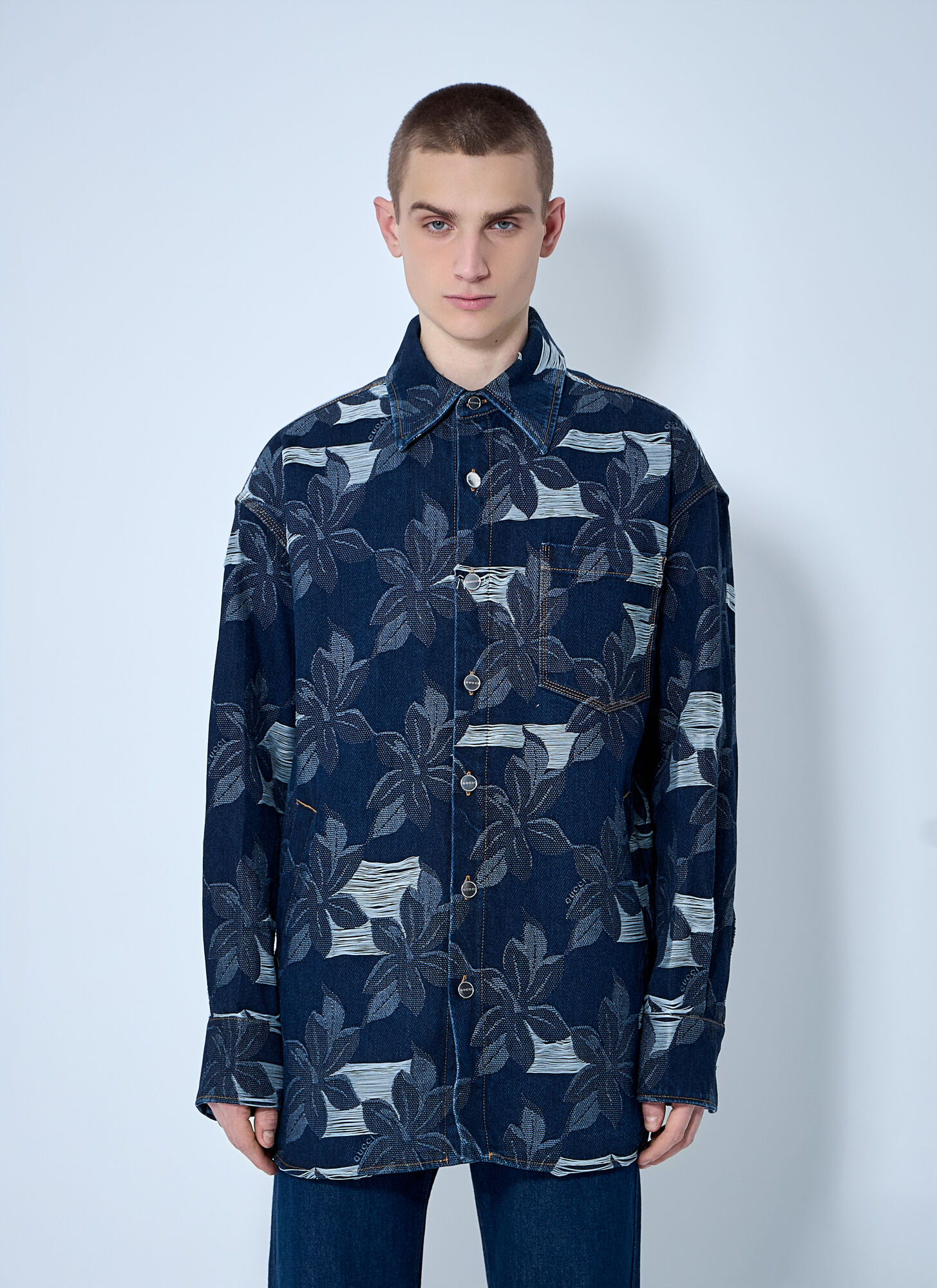 Gucci Blue Jacket With All-over Floral Motif And Ripped Details In Denim Man In Multi