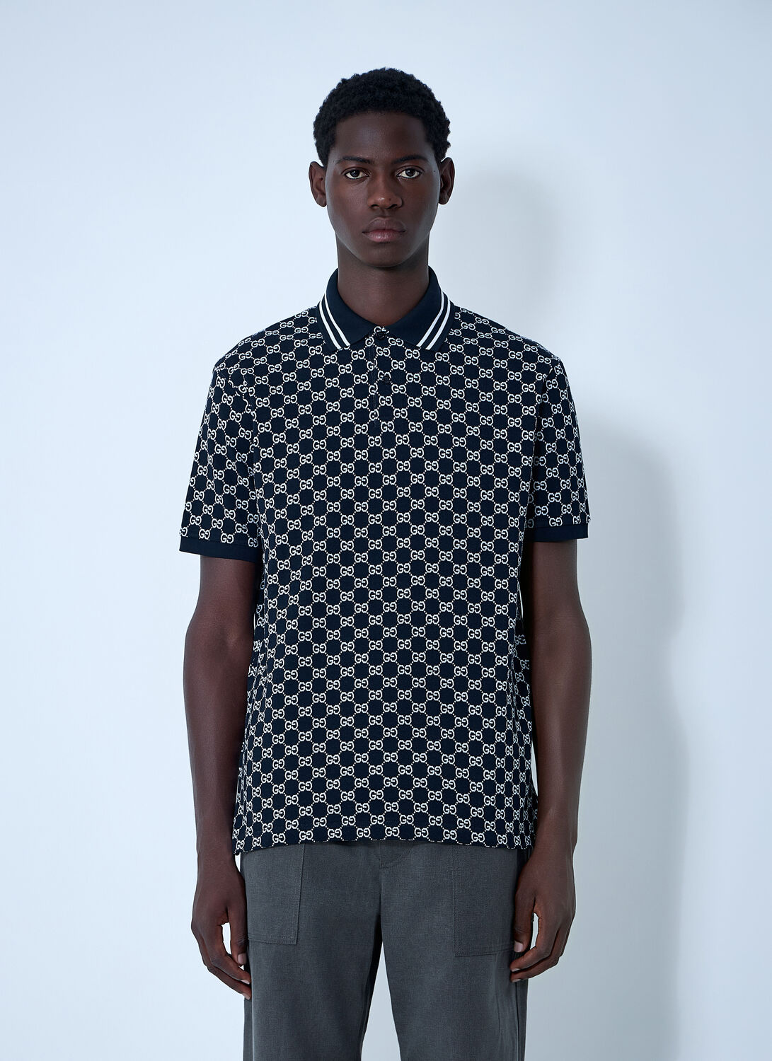 Gucci Gg Cotton Jacquard Polo Shirt In Navy