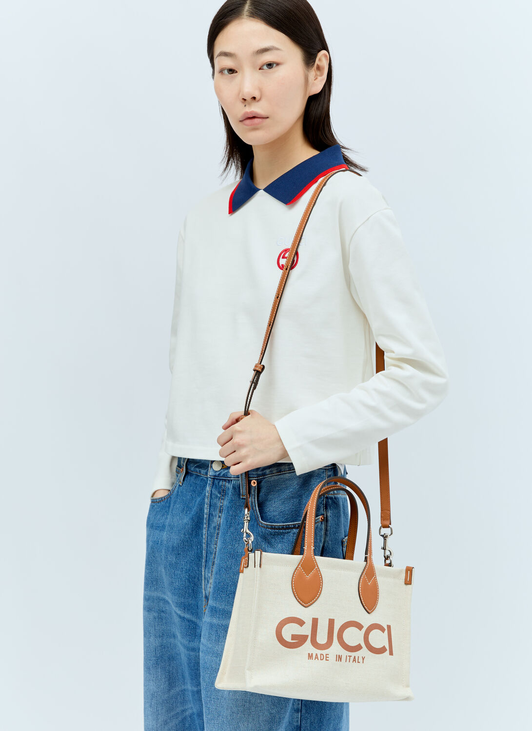 Shop Gucci Logo Print Canvas Tote Bag In Beige