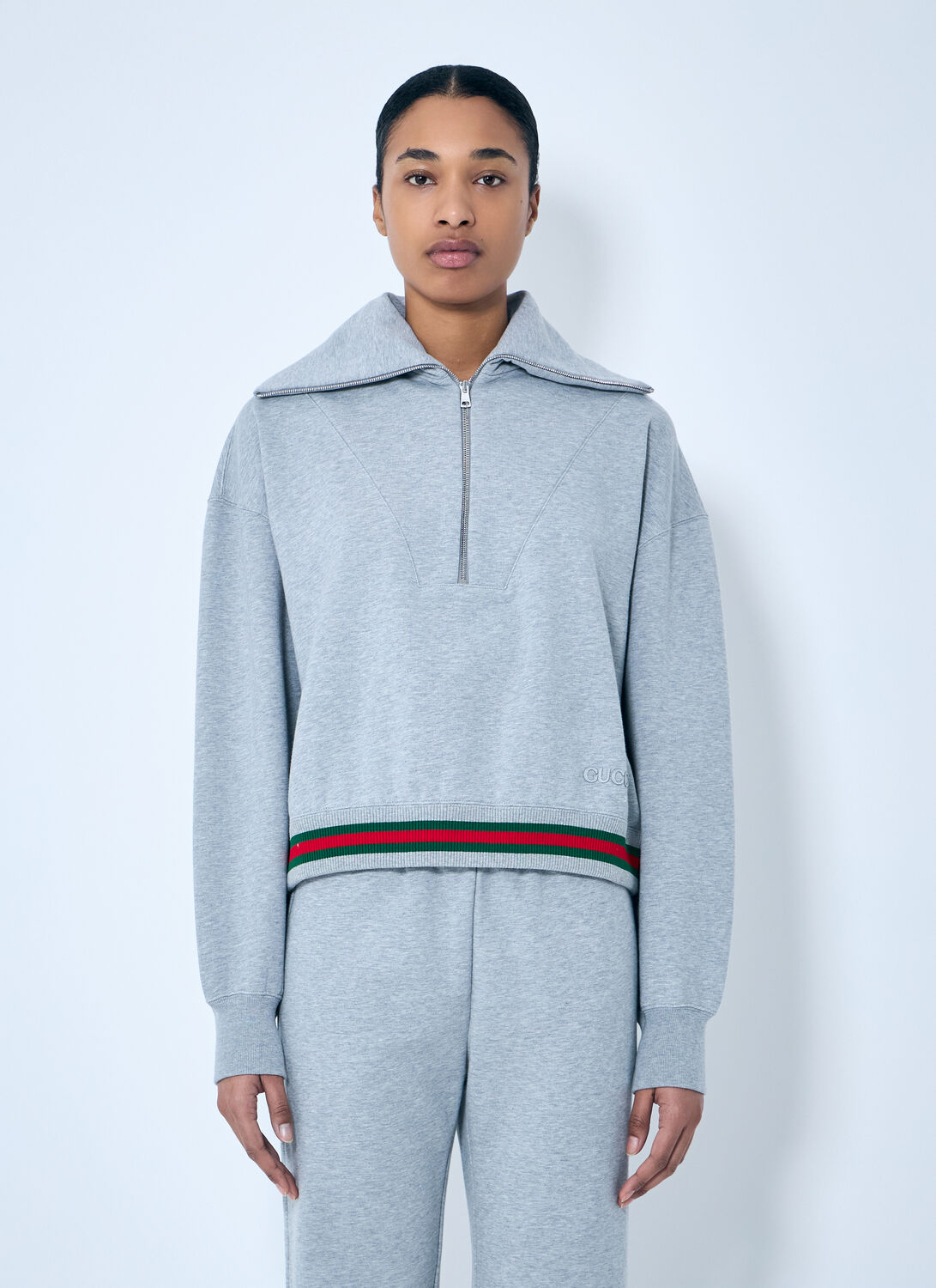 Gucci Grey Sweatshirt With Half Zip Closure And Web Detail On The Waist In Jersey Woman In Gray