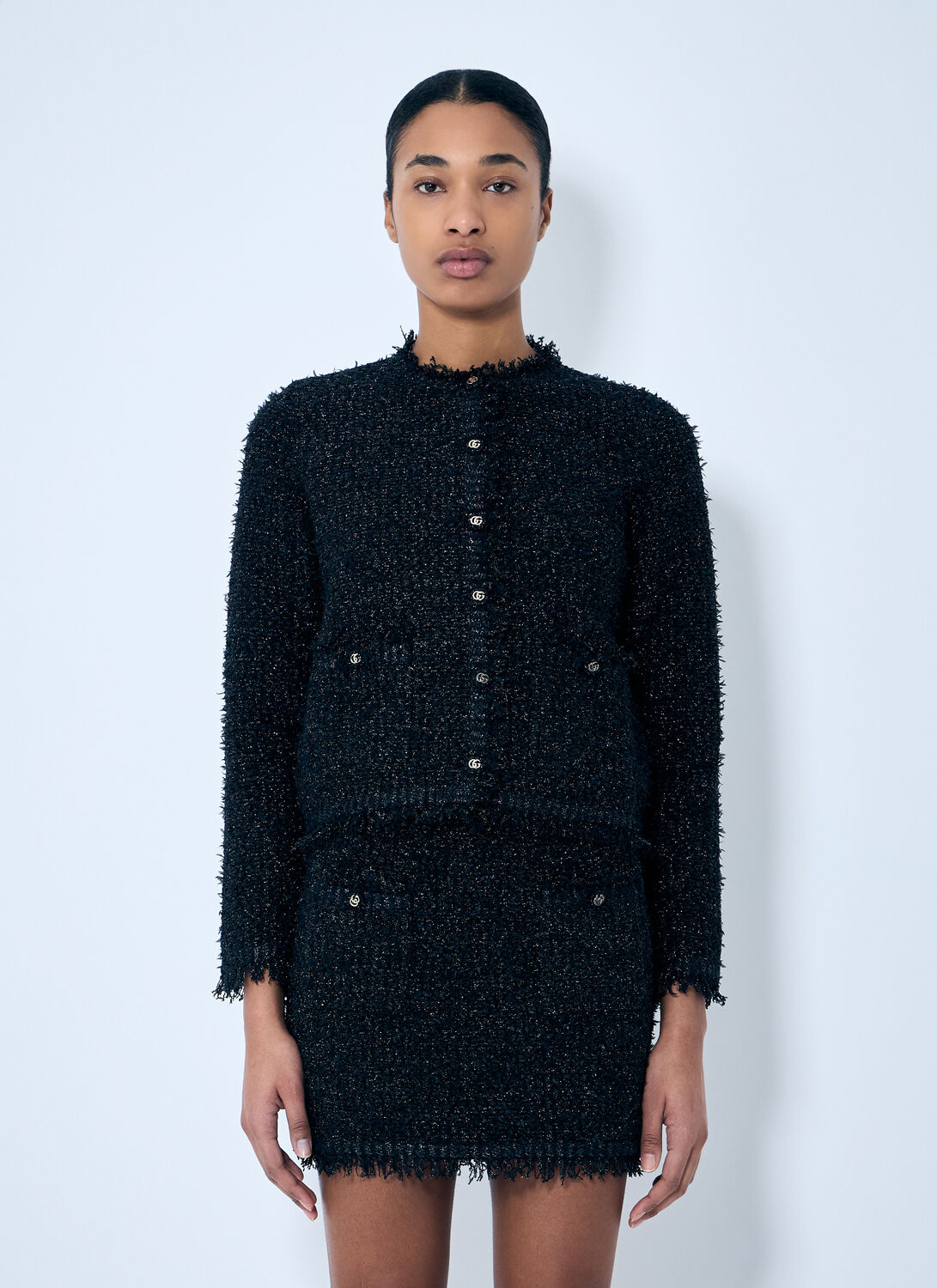 Gucci Black Crewneck Jacket With Double G Logo Buttons In Tech Fabric Woman In Black