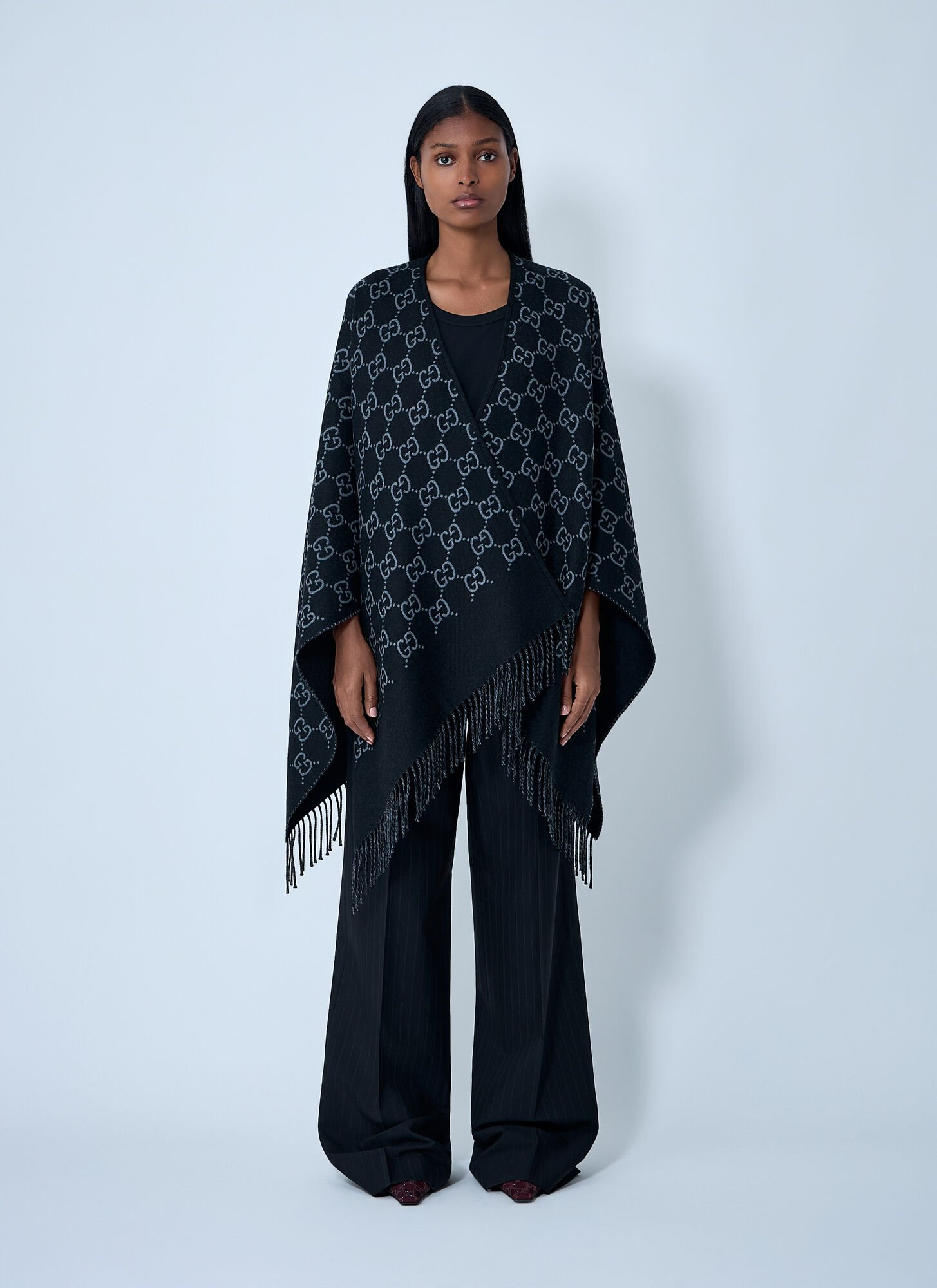 Gucci Black Cape With Fringed Hem In Gg Wool Jacquard Woman In Black