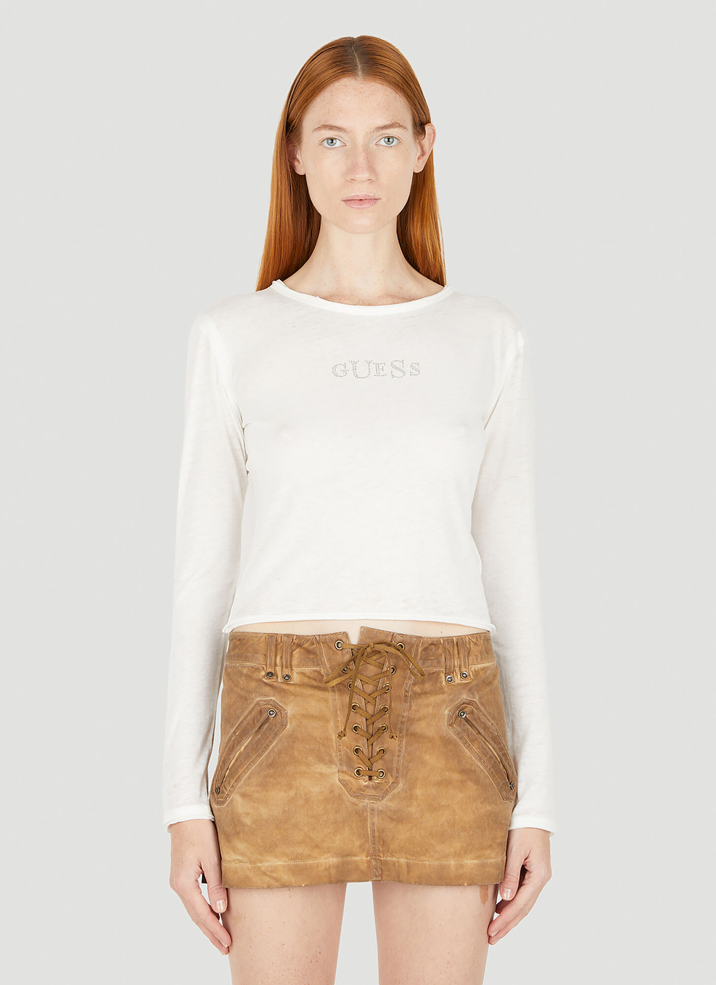 Guess Usa Women's White Logo Long Sleeve T-Shirt - Woman T-Shirts Xs