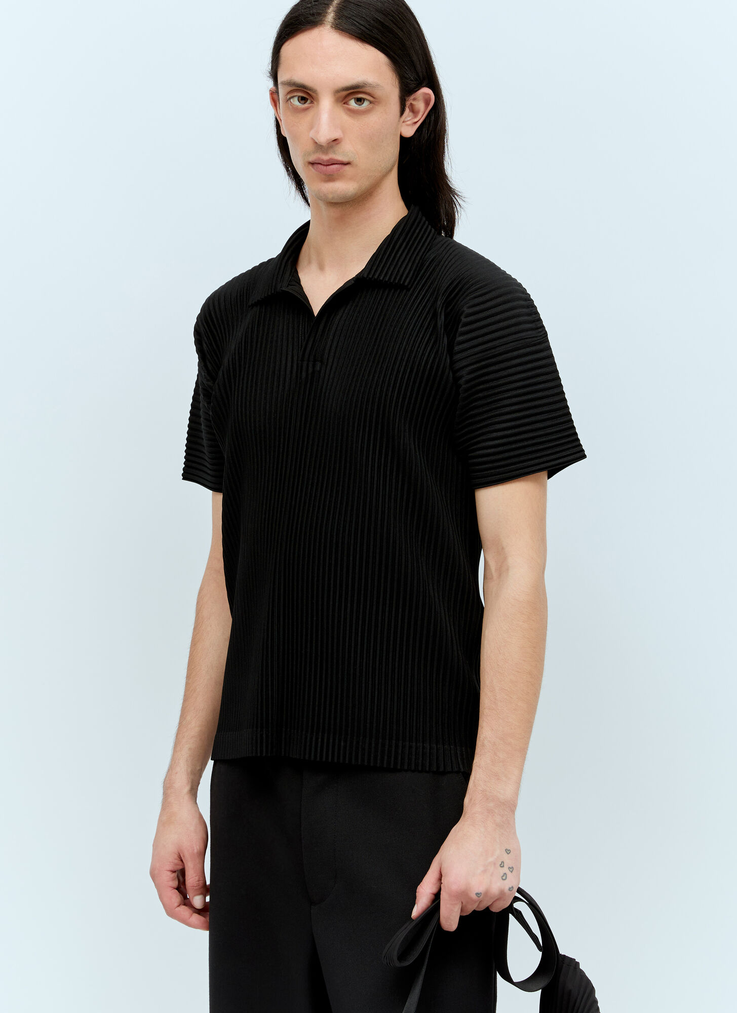 Issey Miyake Pleated Polo Shirt In Black