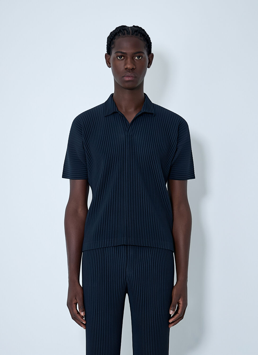 Issey Miyake Pleated Polo Shirt In Blue