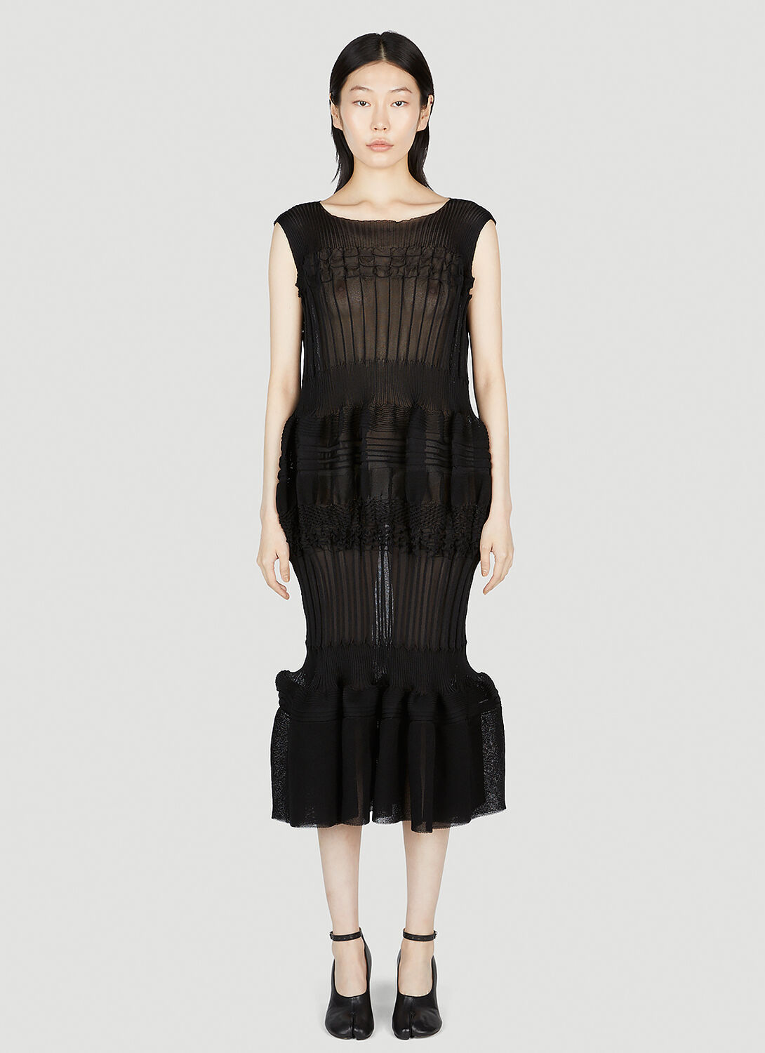Issey Miyake Assemblage Sheer Tiered Pleated Knit Midi Dress In Black