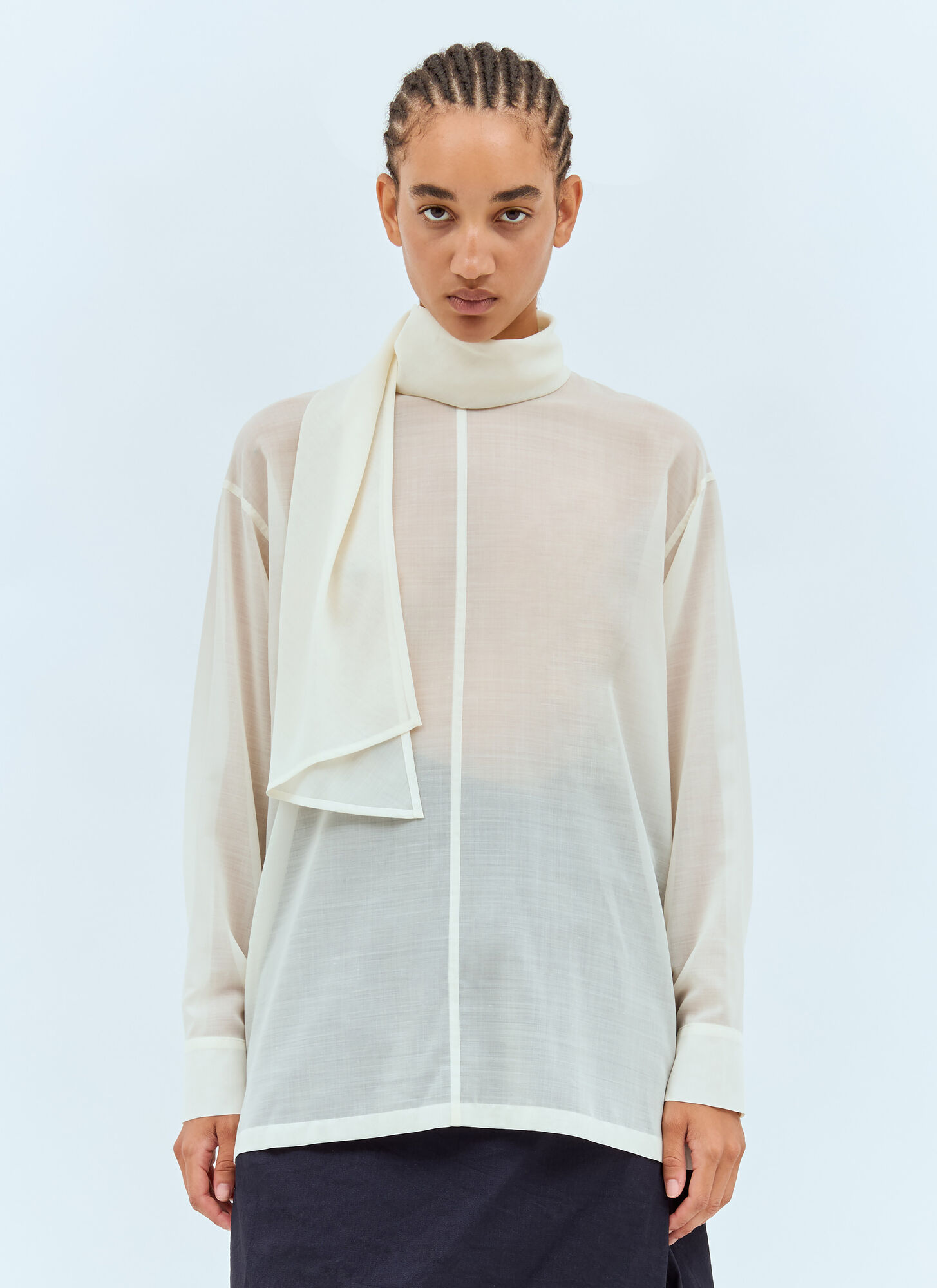 Issey Miyake Sheer Shirt With Shawl - Woman Shirts Off White 2　イッセイ ミヤケ ショール付きシアー シャツ - 女性用シャツ オフホワイト 2 Issey