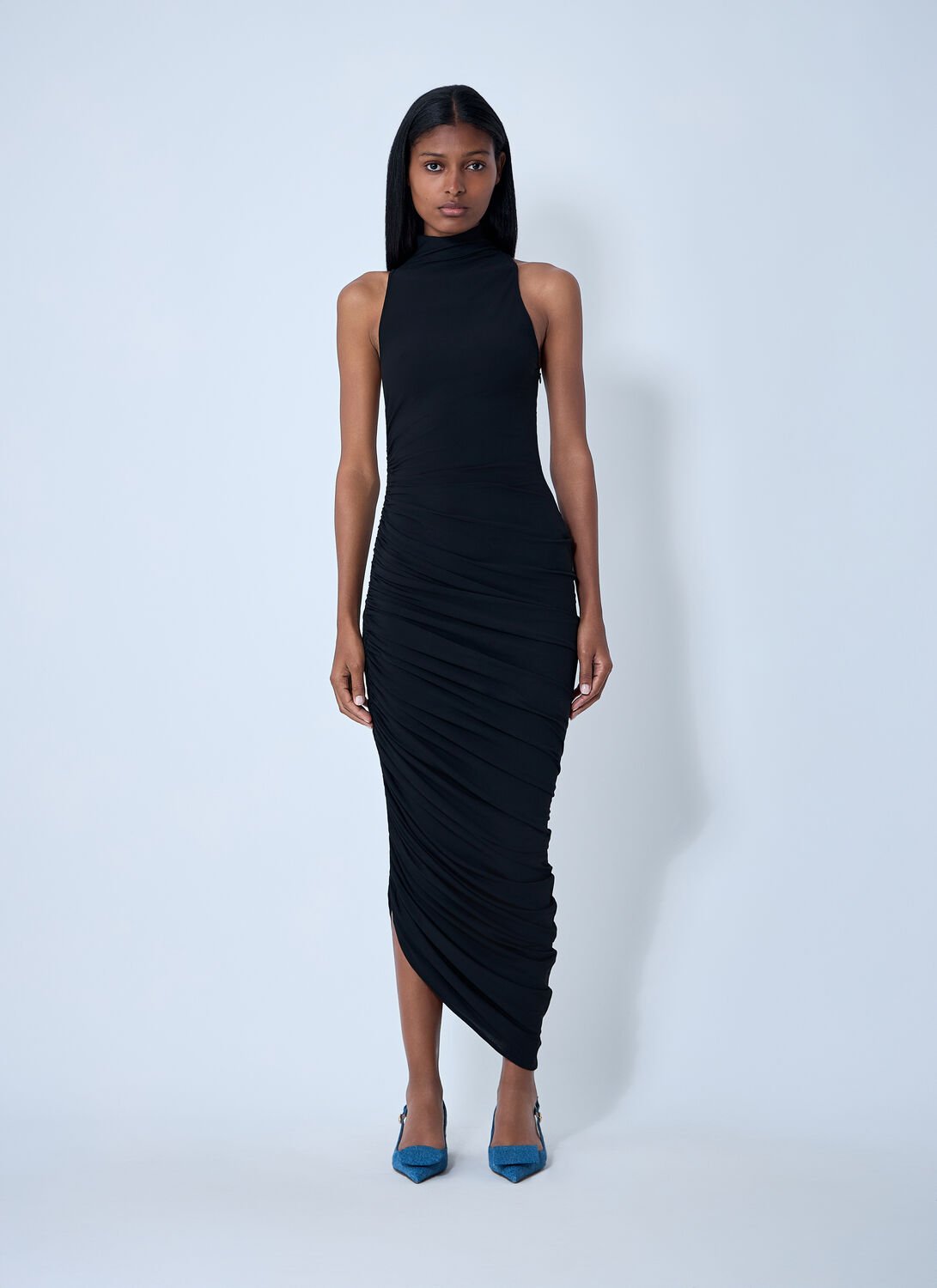Jacquemus The Piazza Asymmetric Gathered Stretch-jersey Turtleneck Dress In Black