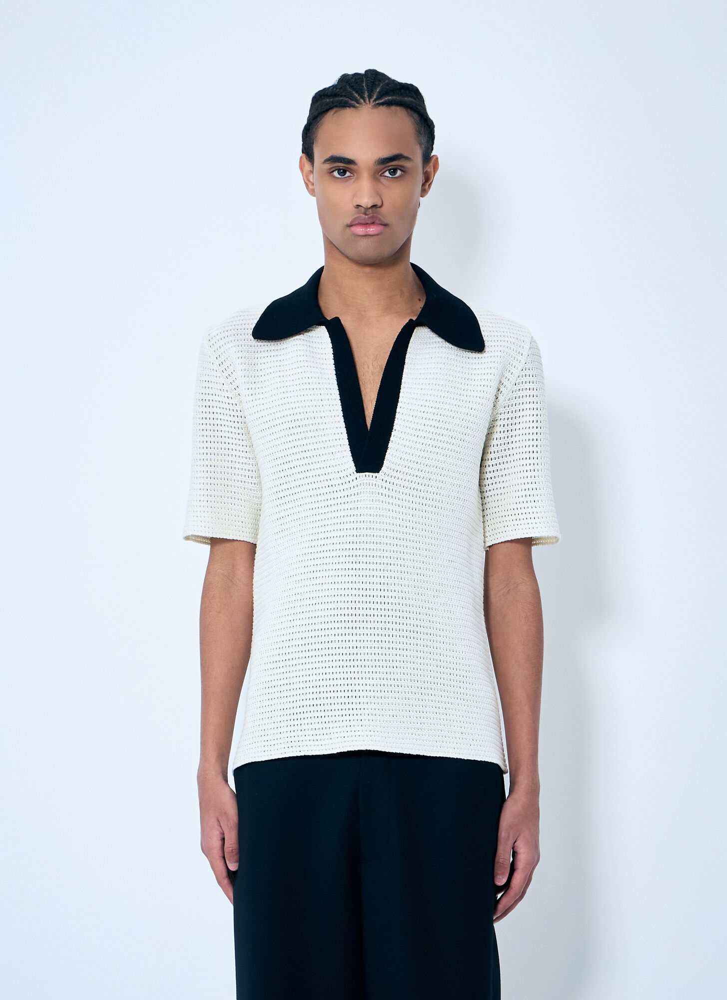Jil Sander Men's Black Open-Knit Polo Shirt - Man Polo Shirts Eu - 50