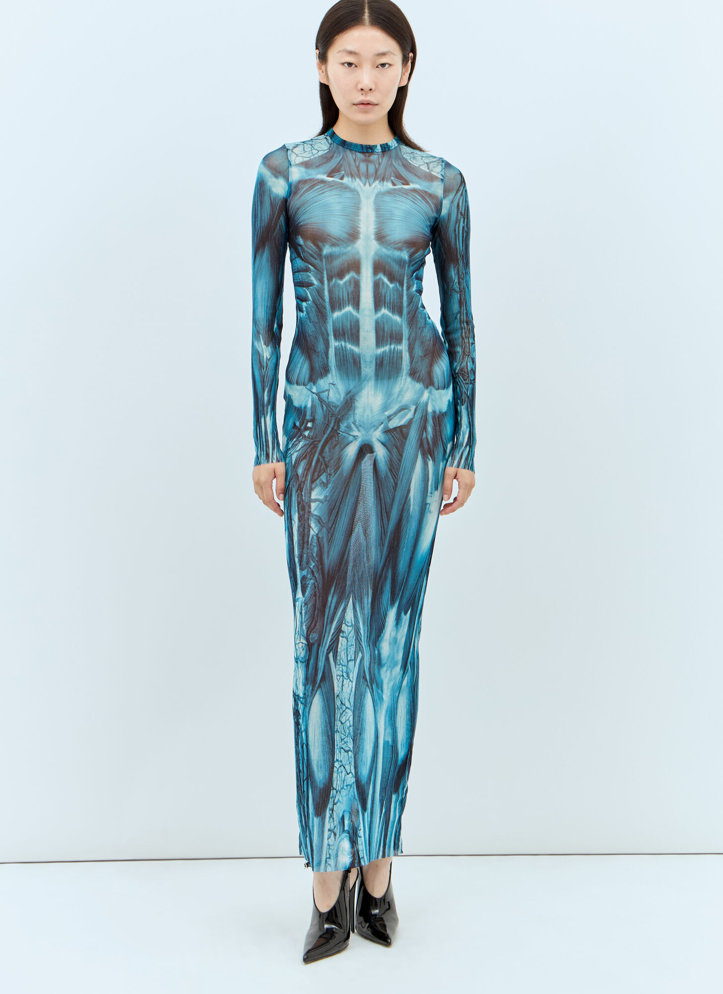 Jean Paul Gaultier Mesh Long Dress With Anatomical Print In Blue