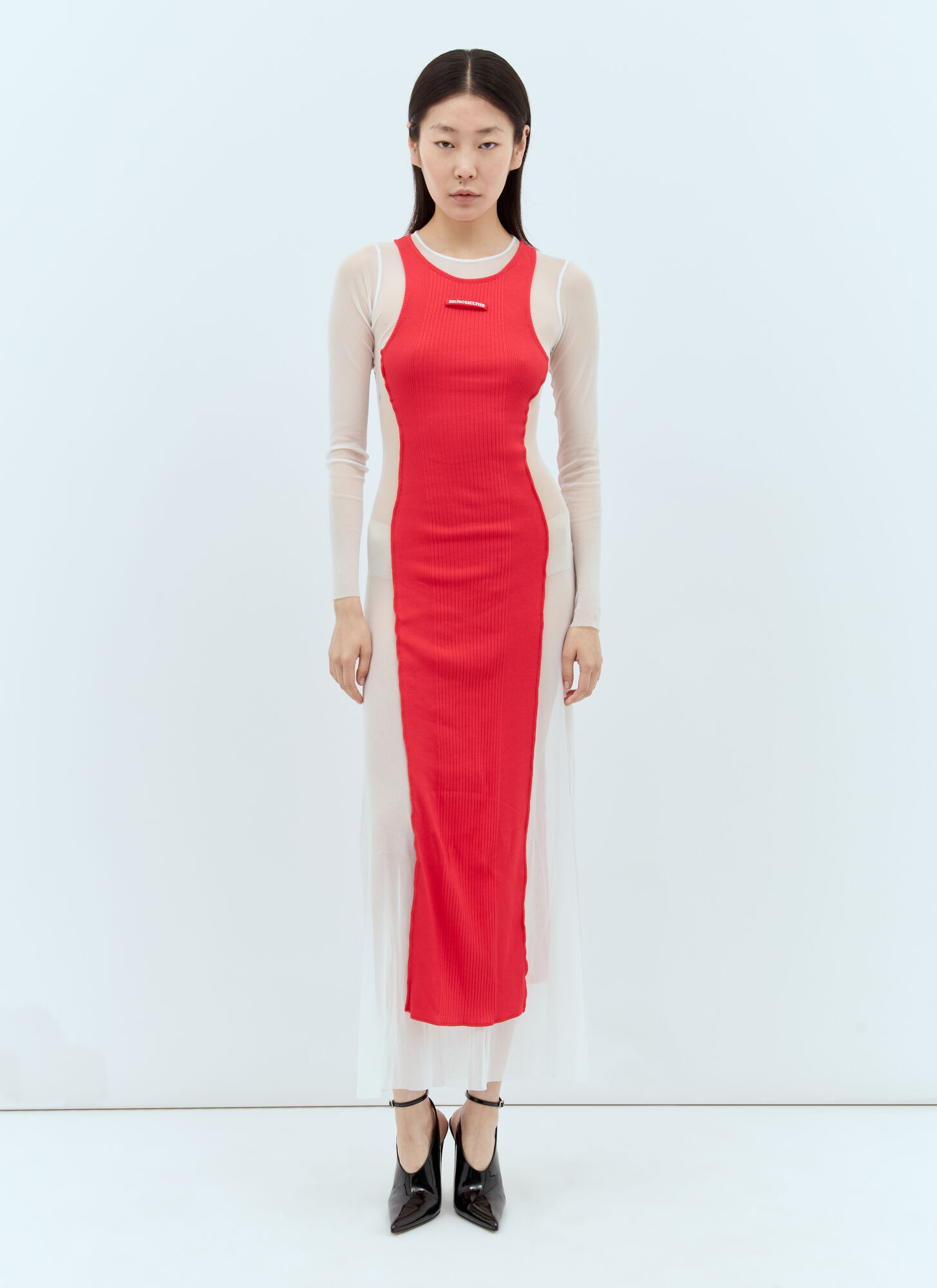 Jean Paul Gaultier Layered Ribbed Cotton-jersey And Mesh Maxi Dress In Red