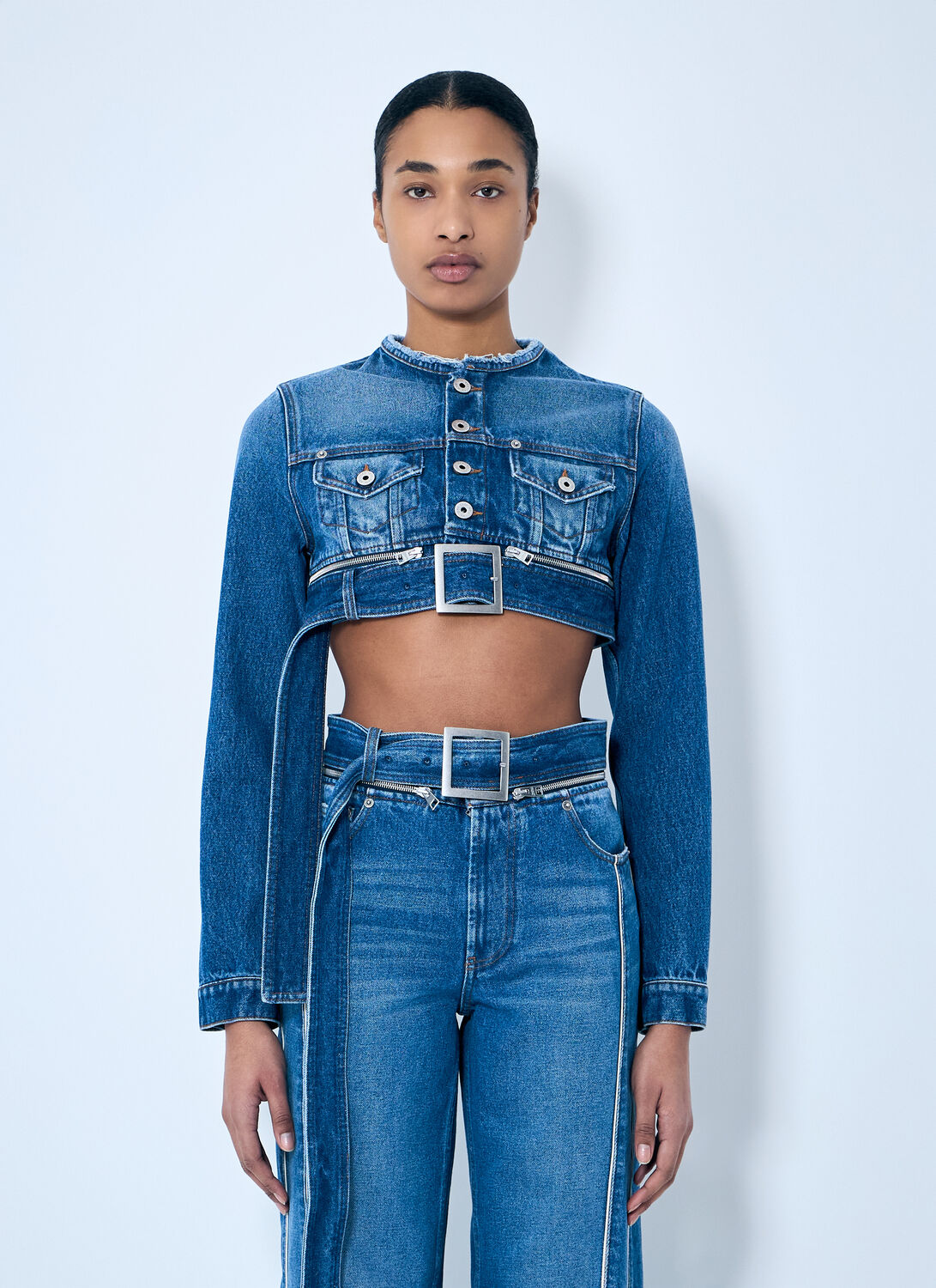 Jean Paul Gaultier Short Belted Denim Jacket In Blue