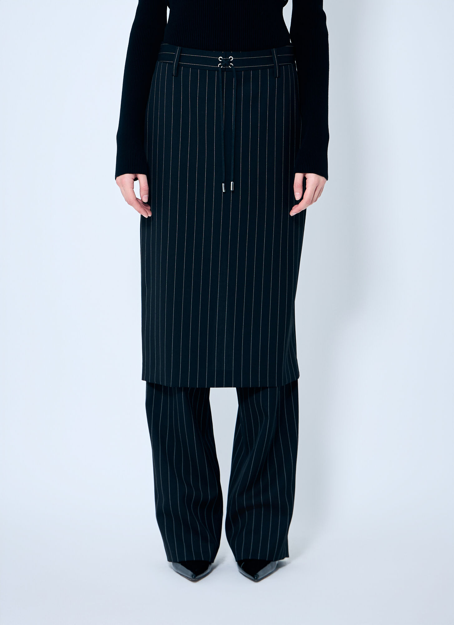 Jean Paul Gaultier Women Pinstriped Tailored Pants With Skirt Overlay In Black