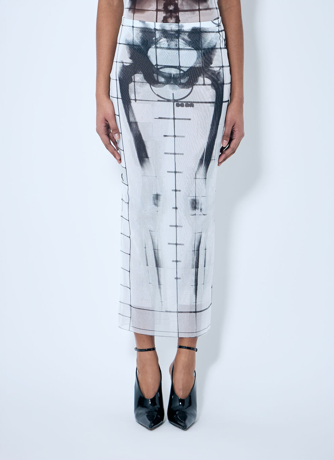 Jean Paul Gaultier Women Squeletor Mesh Midi Skirt In Blue