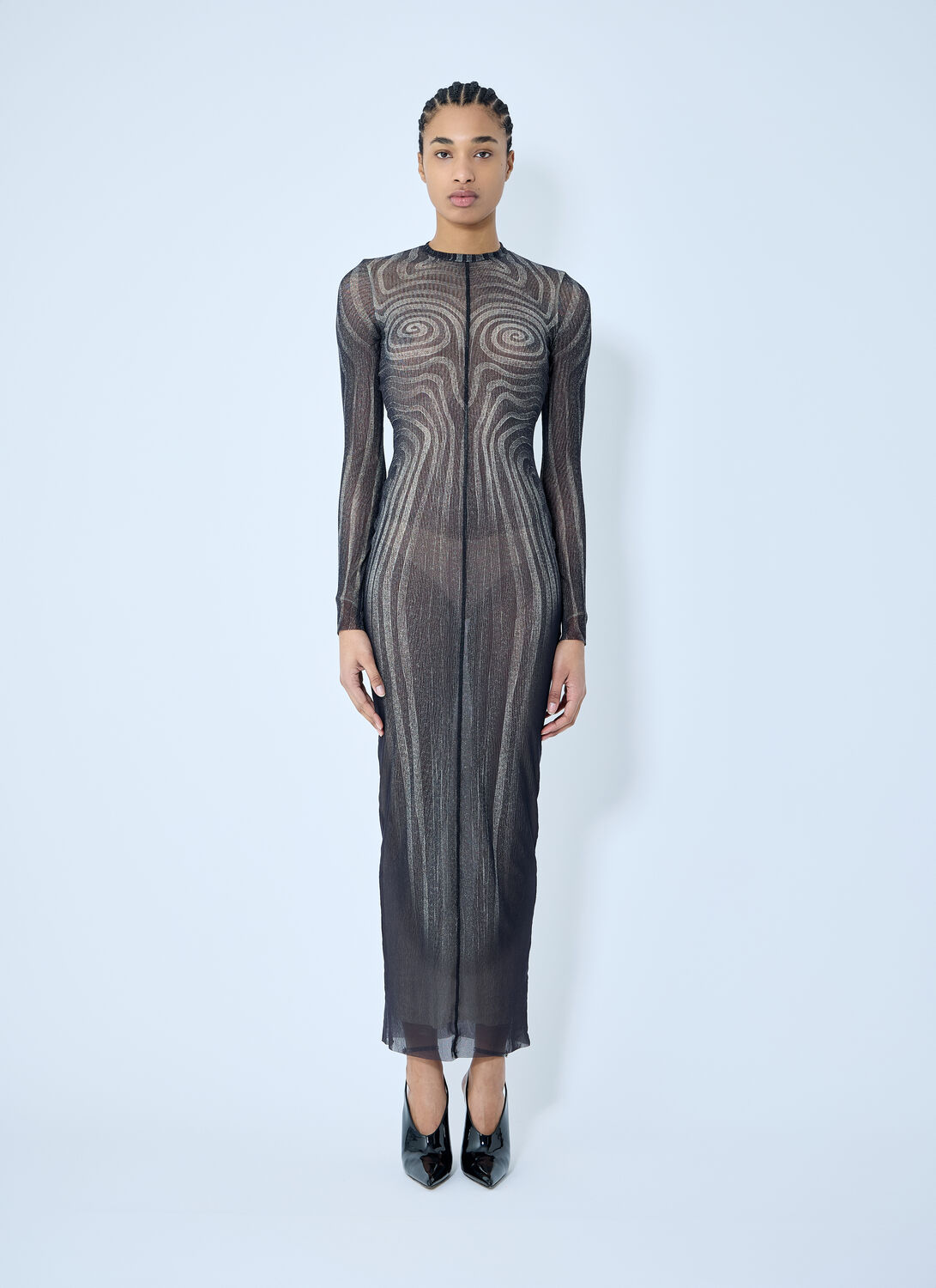 Jean Paul Gaultier Printed Spiraral Long Dress Woman Black In Grey