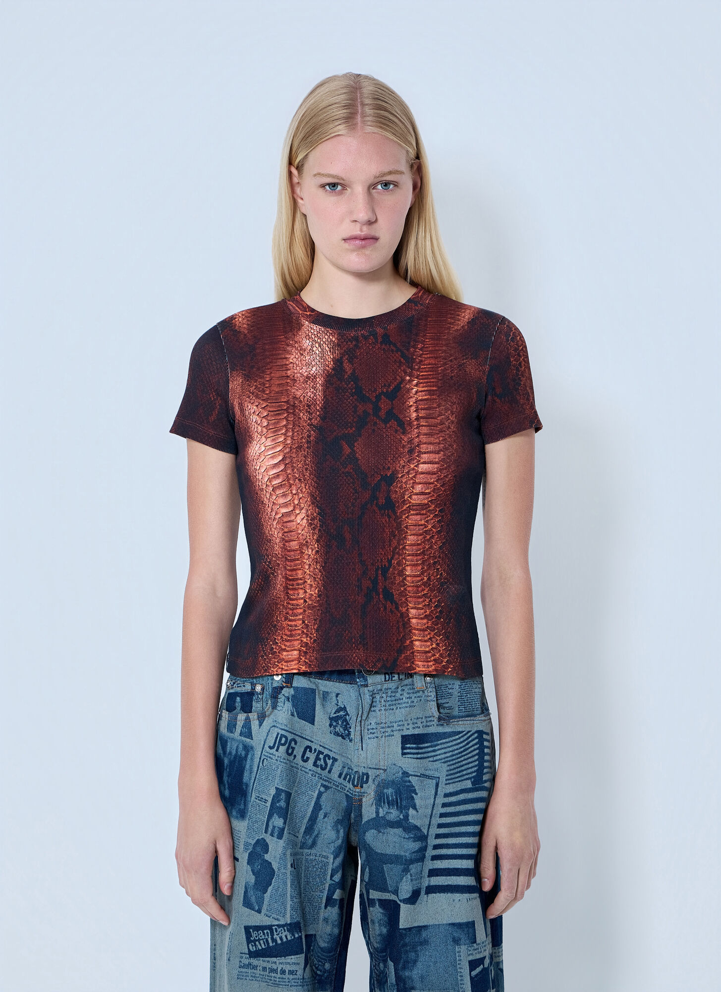 Jean Paul Gaultier Cotton Ribbed Python Print T-shirt - Woman T-shirts Brown Xs