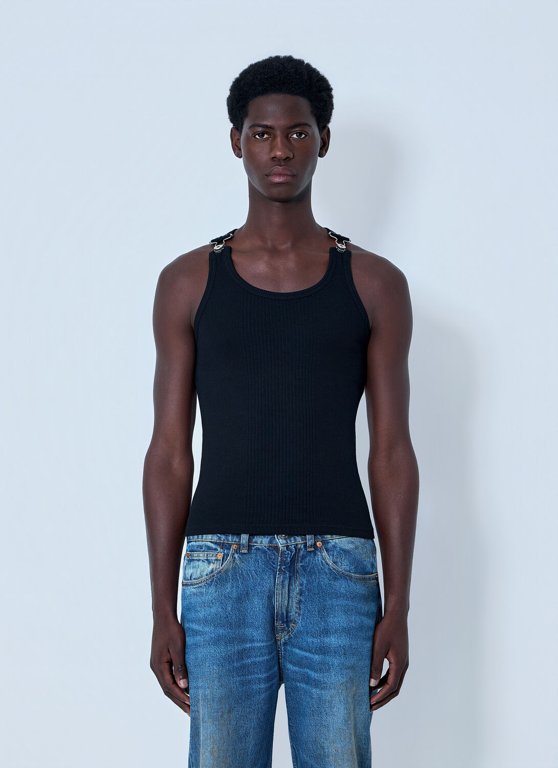 Jean Paul Gaultier Ribbed Tank Top With Metal Hardware - Tops Black S