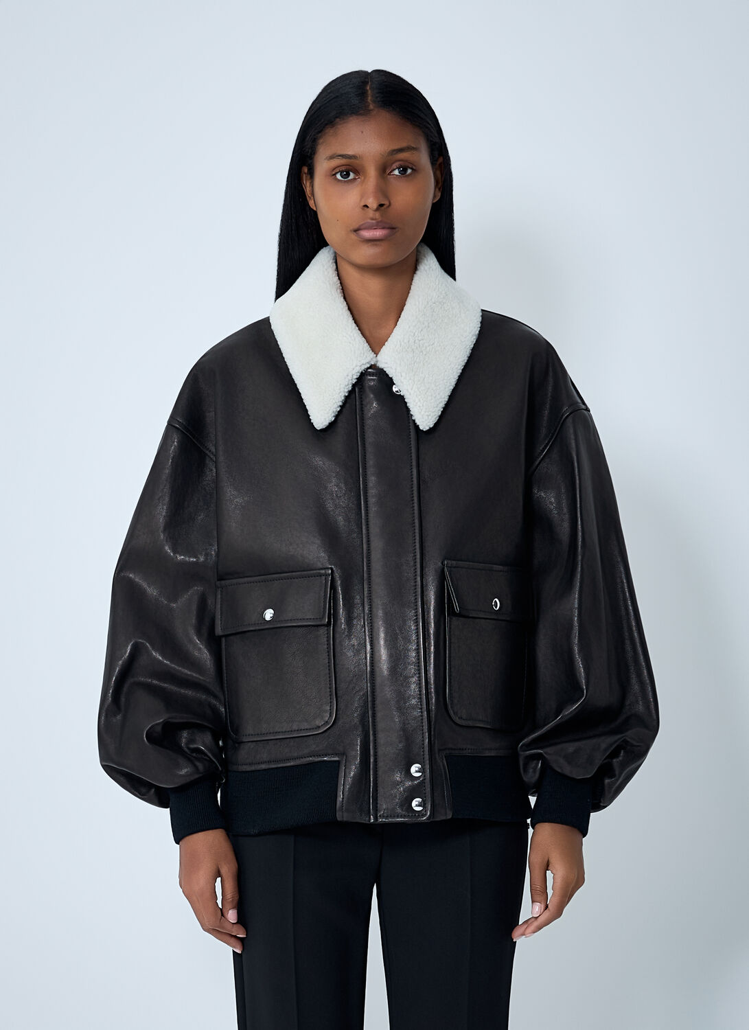 Khaite Oversized Lamb Leather Jacket With Teddy Collar And Balloon Sleeves In Black