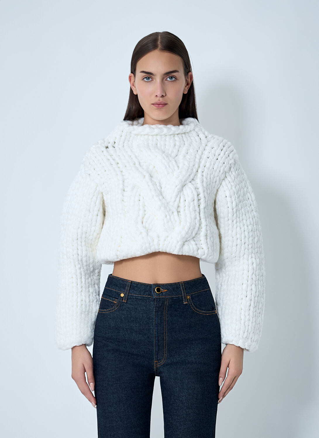 Khaite Ninel Oversized Cable-knit Crop Sweater In White