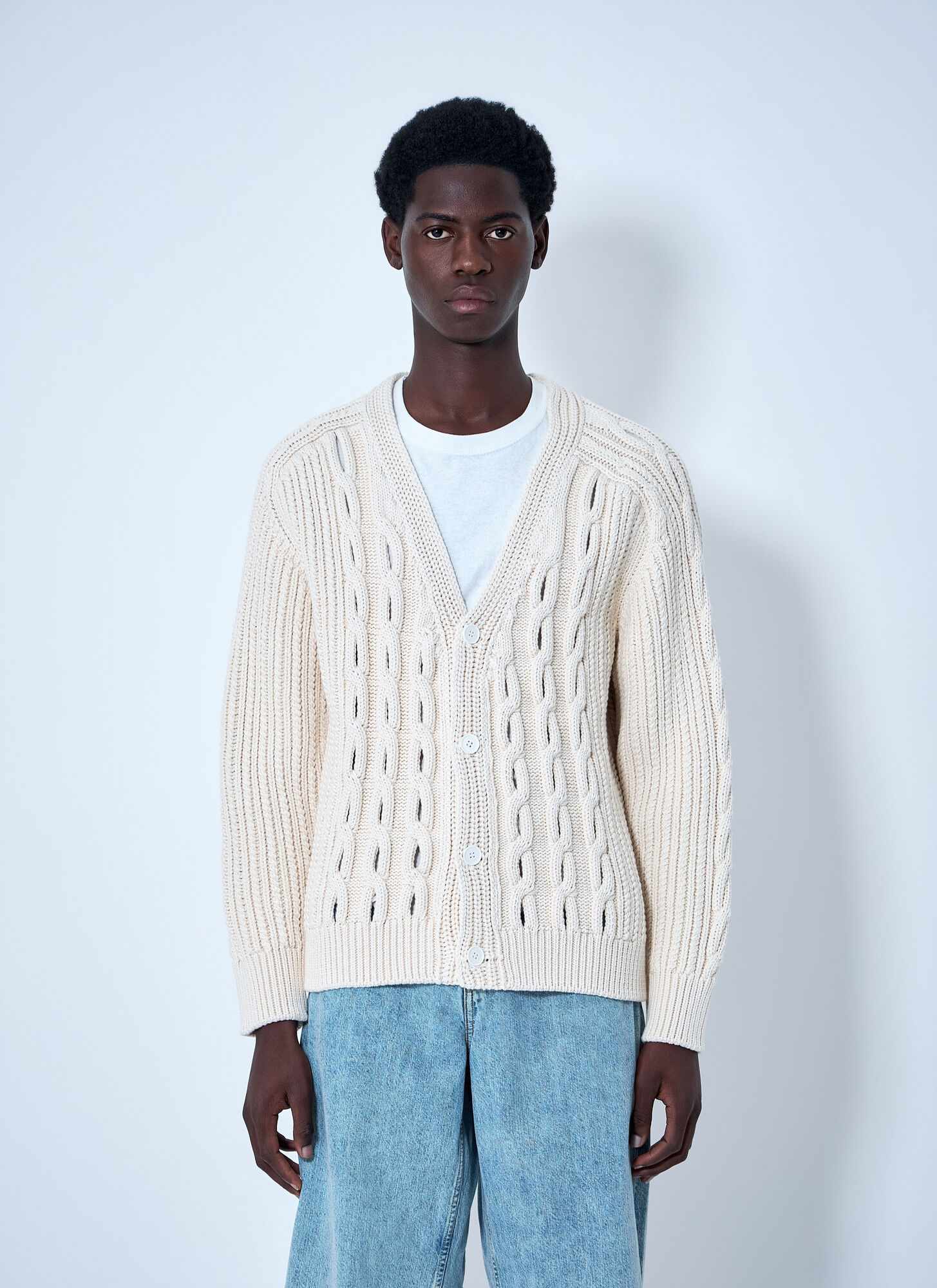 Lacoste Men's White Cable Knit Cardigan - Man Knitwear S