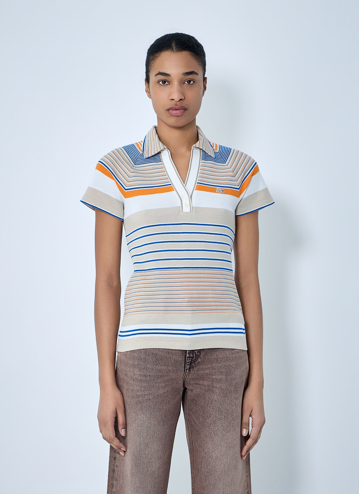 Lacoste Women's White Slim Fit Striped Piqué Polo Shirt - Woman T-Shirts Xs