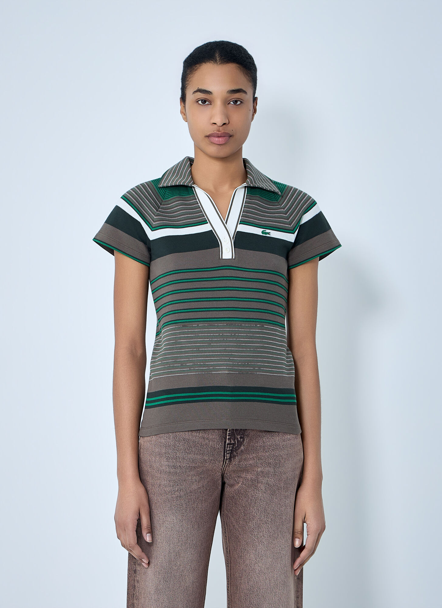 Lacoste Women's Green Slim Fit Striped Piqué Polo Shirt - Woman T-Shirts Xs