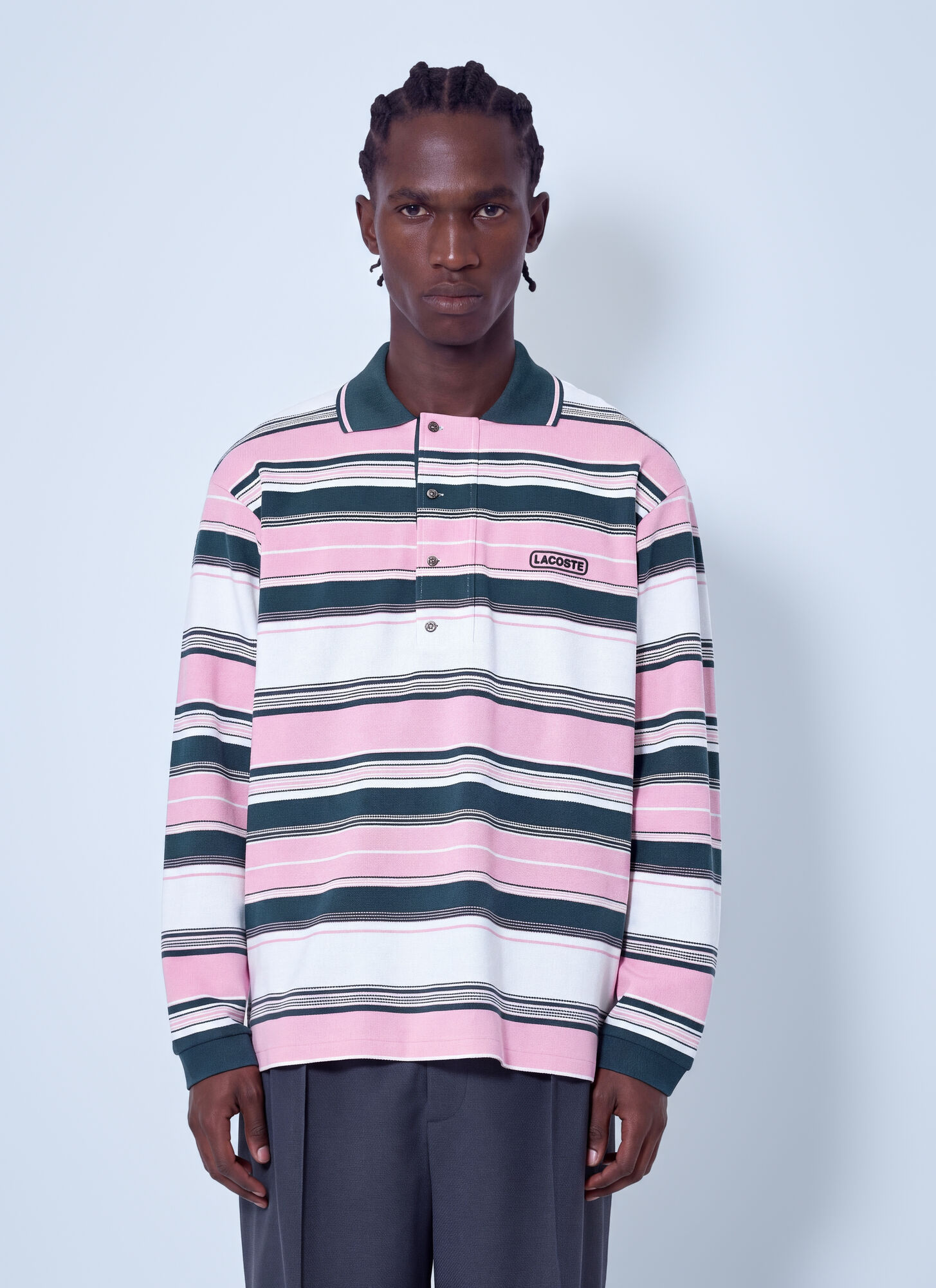 Lacoste Runway Loose Fit Striped Piqué Polo Shirt - Polo Shirts Pink L