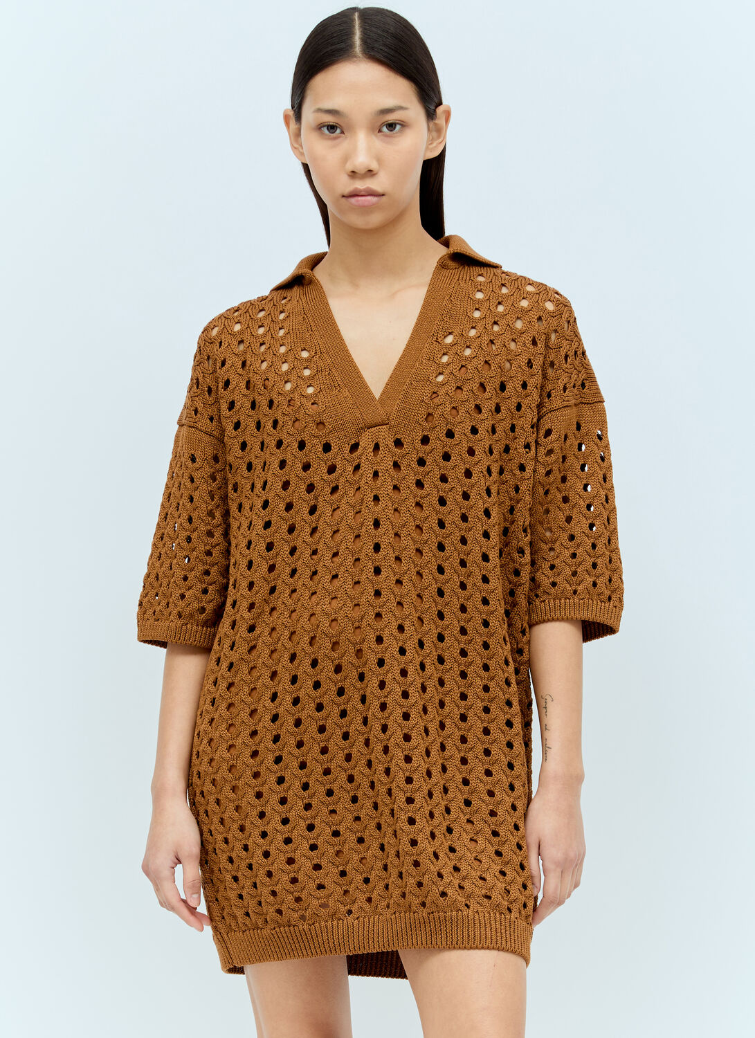 Shop Max Mara Knit Mesh Mini Dress In Brown