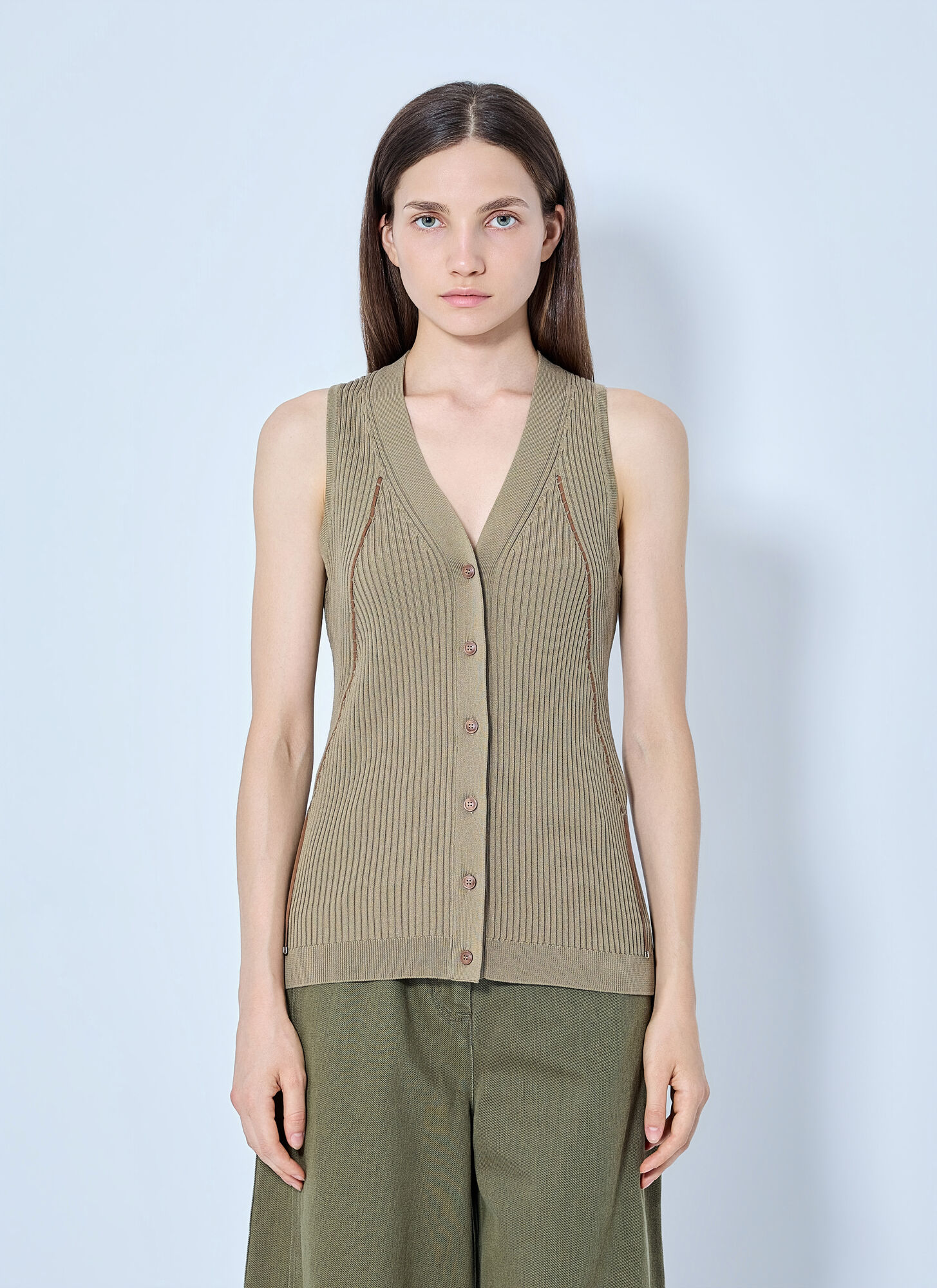 Max Mara Ribbed Knit Button-down Vest In Beige