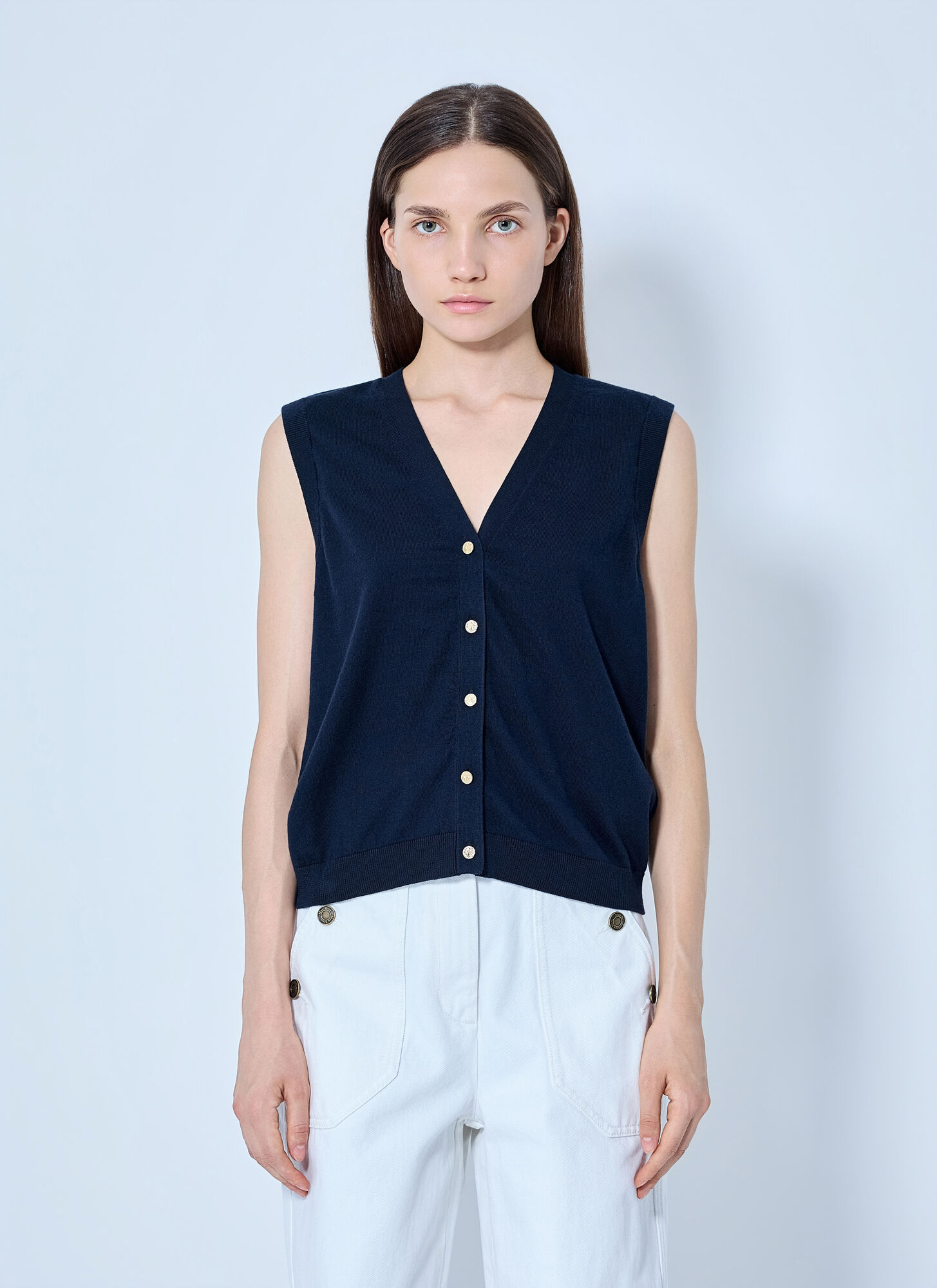 Max Mara Sleeveless Button-down Top In Navy