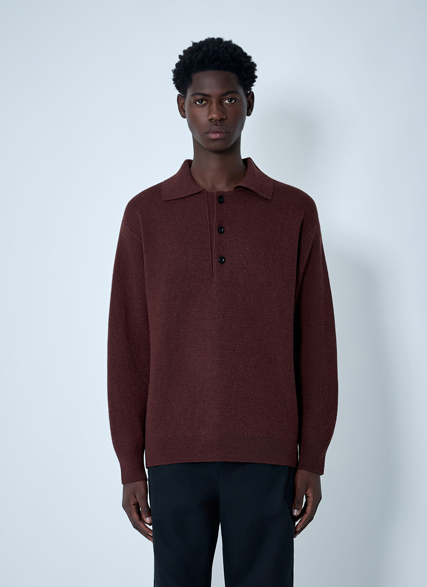 MHL by Margaret Howell Wool Knitted Polo Sweater - Man Knitwear Dark Brown S　MHL by マーガレット ハウエル ウール ニット ポロ セーター - メンズ ニットウェア ダークブラウン S MHL