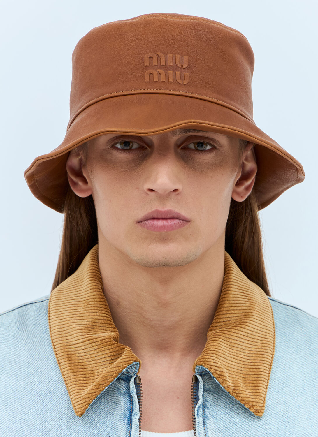Miu Miu Men Logo Leather Bucket Hat In Brown