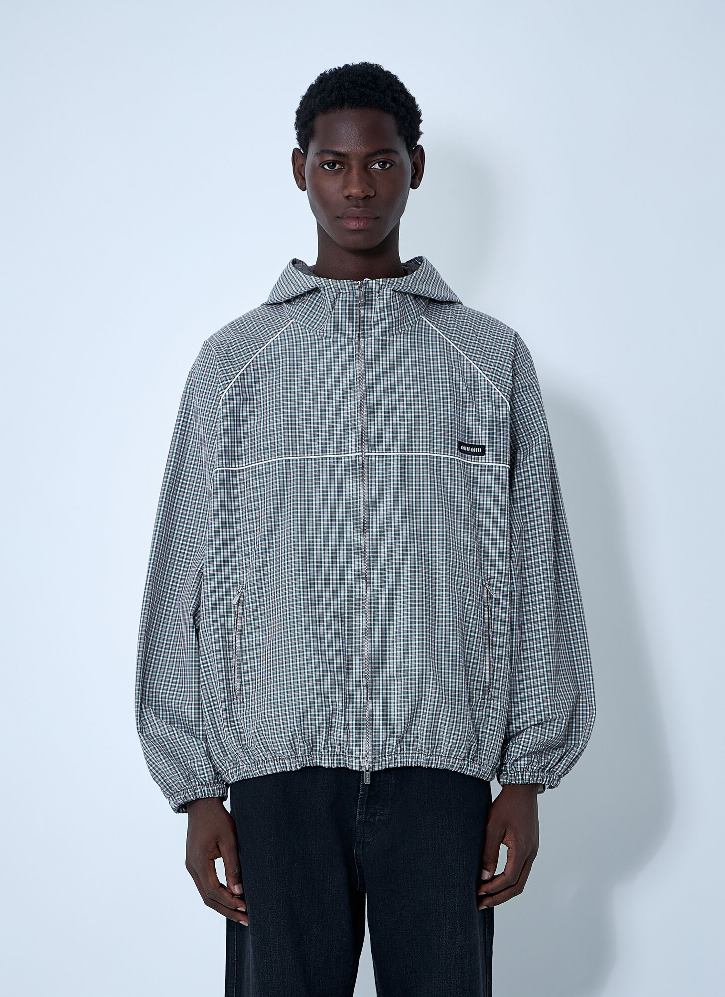Miu Miu Men's Grey Check Hooded Jacket - Man Jackets 46