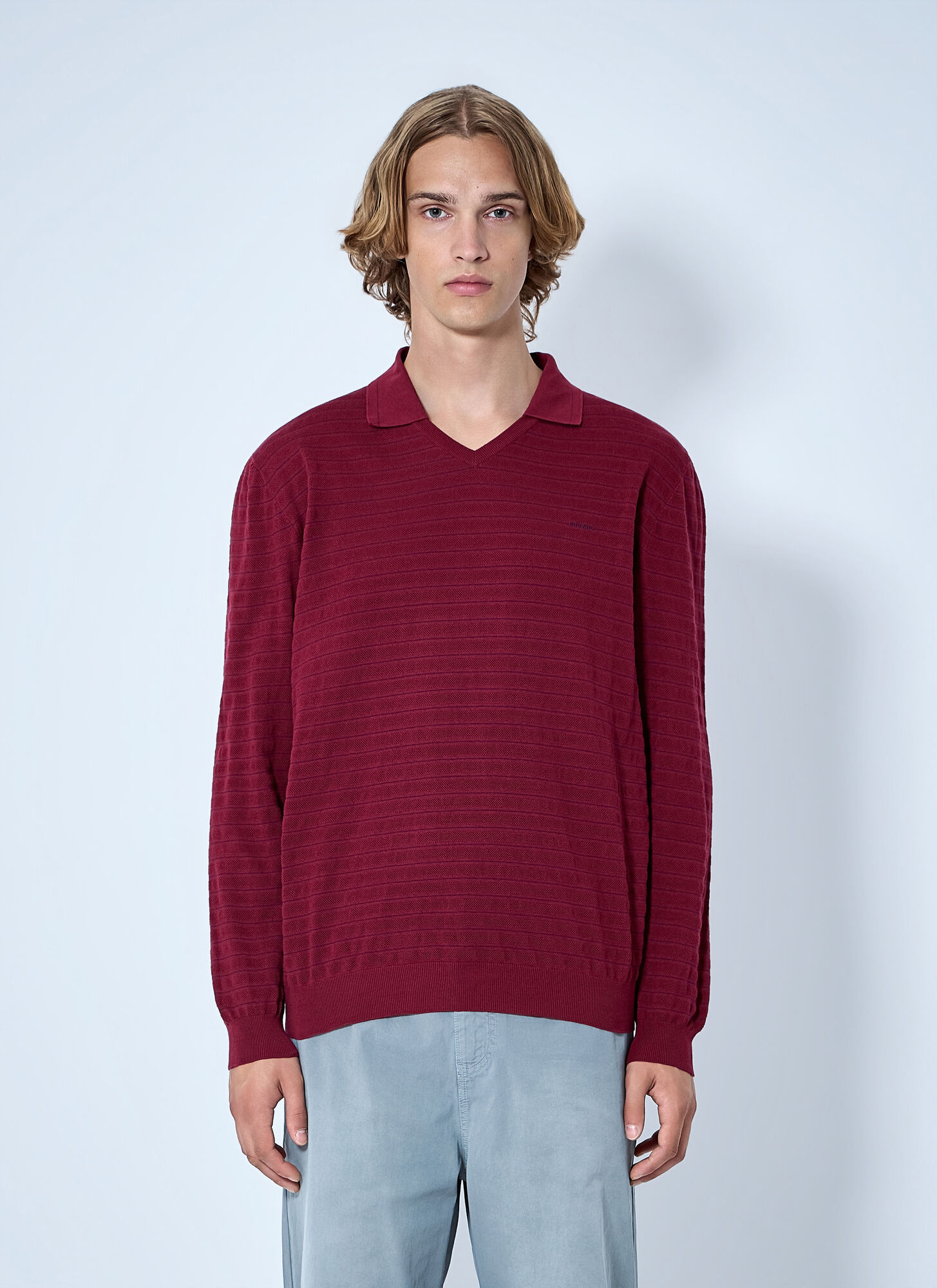 Miu Miu Men's Red Striped V-Neck Polo Shirt - Man Polo Shirts It - 46
