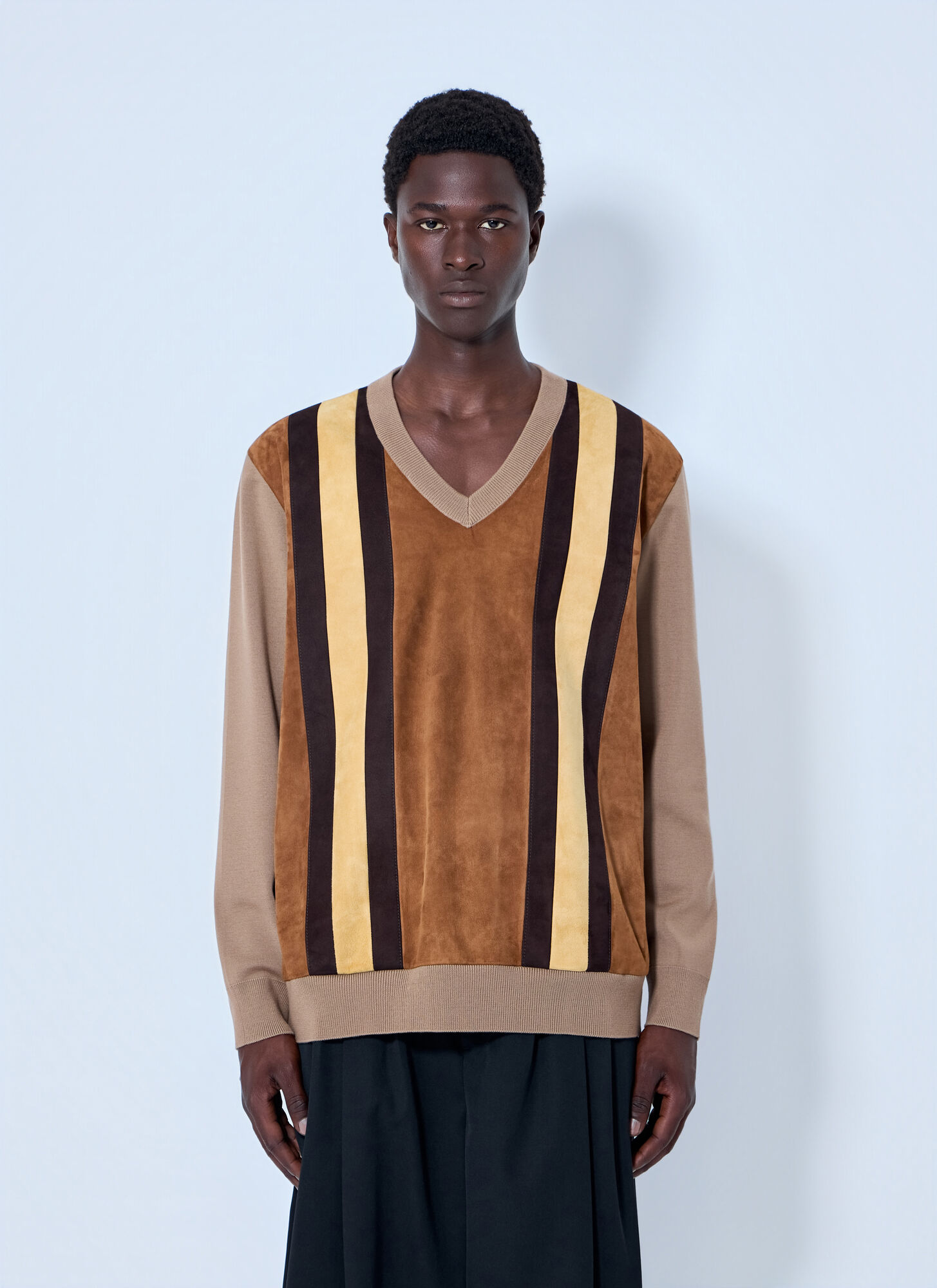 Miu Miu Miu Miu V-neck Sweater With Contrast Stripes - Man Knitwear Camel It - 46　ミュウミュウ コントラスト ストライプ V ネック セーター - Man Knitwear 
