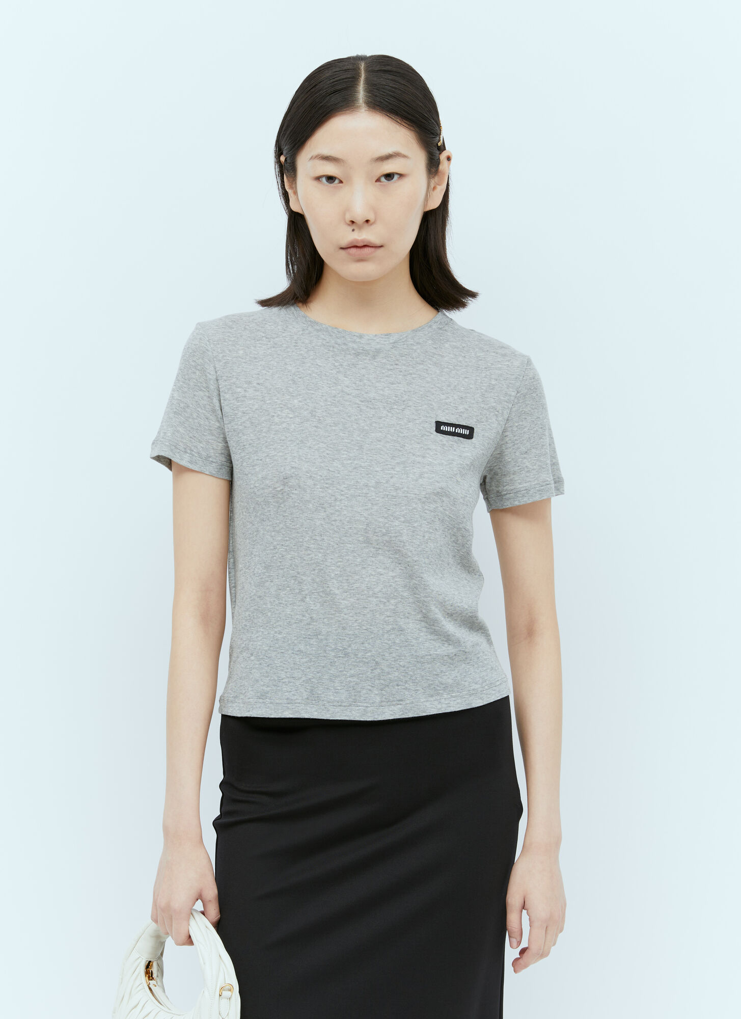 Miu Miu Women's Grey Logo Patch T-Shirt - Woman T-Shirts Xs