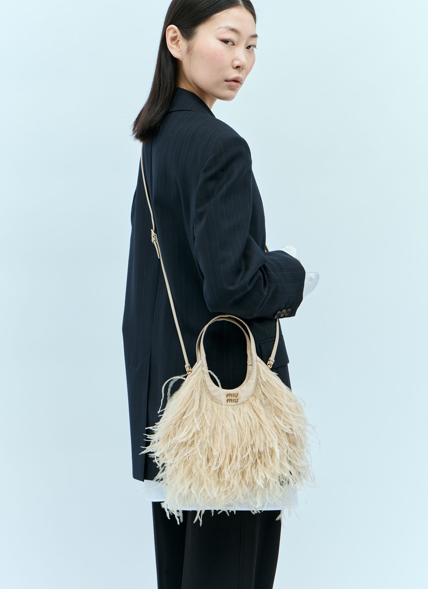 Shop Miu Miu Feather Satin Handbag In Beige