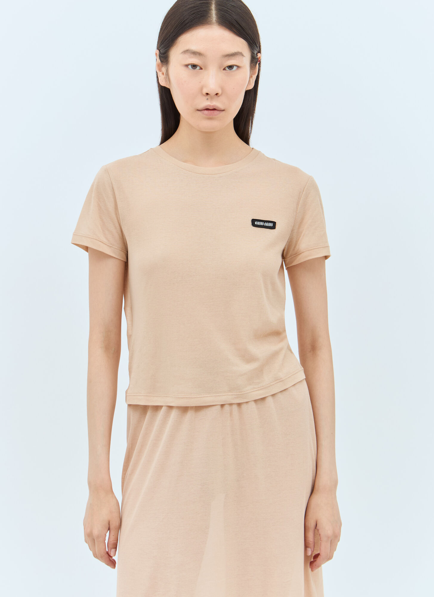 Shop Miu Miu Logo Patch T-shirt In Beige