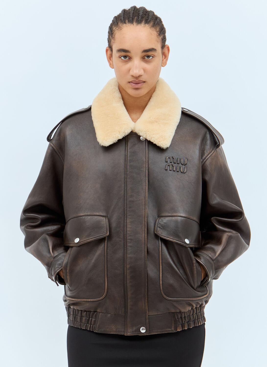 Miu Miu Leather Jacket With Shearling Collar In Brown