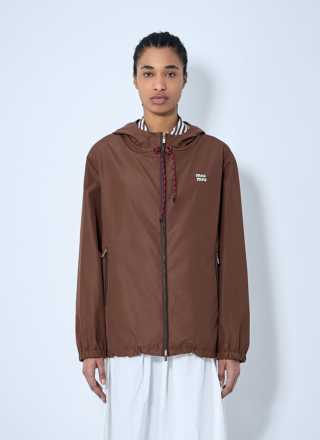 Miu Miu Technical Fabric Hooded Jacket In Brown
