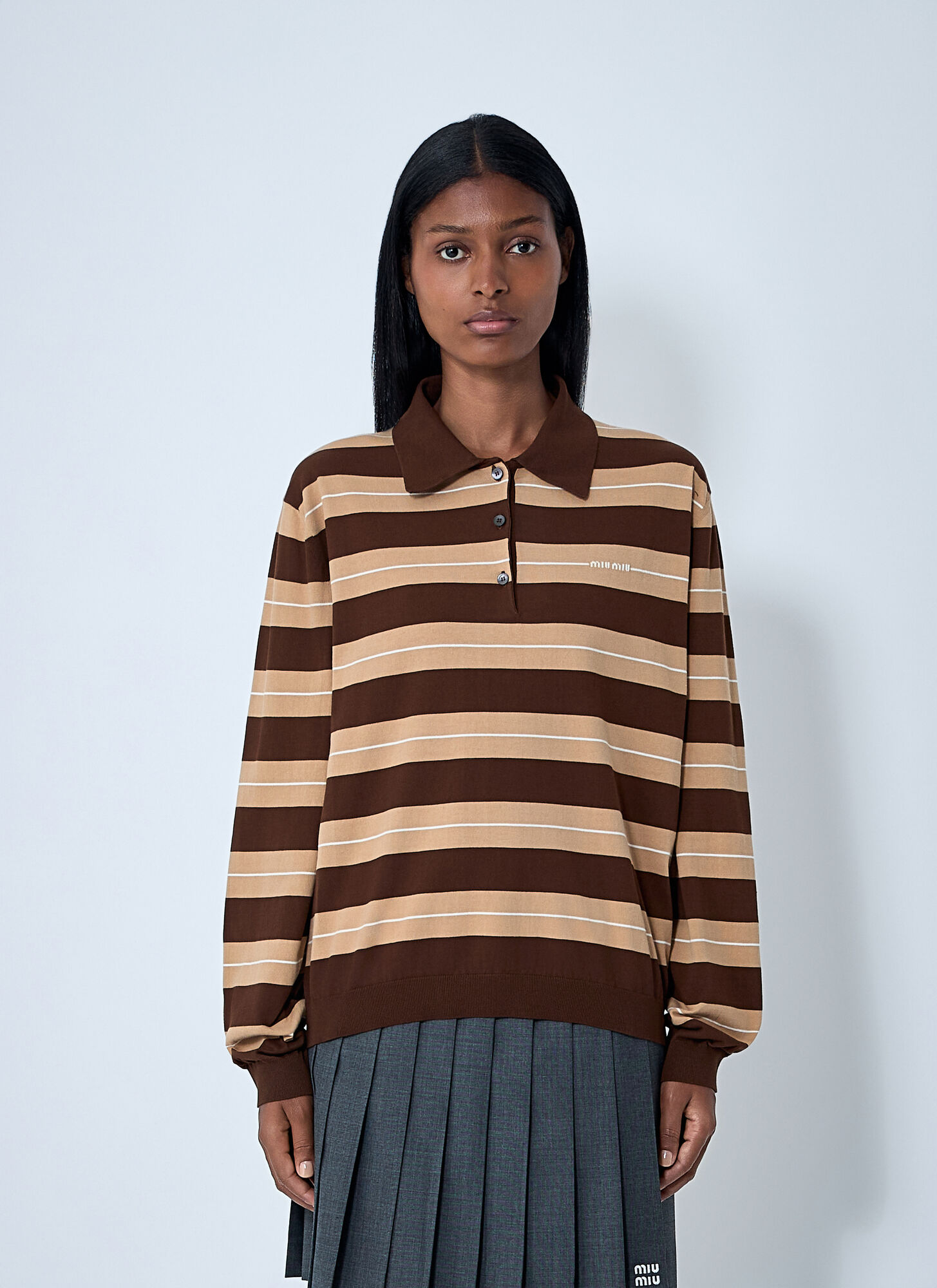 Miu Miu Women's Brown Cotton Striped Polo Shirt - Woman Tops It - 40