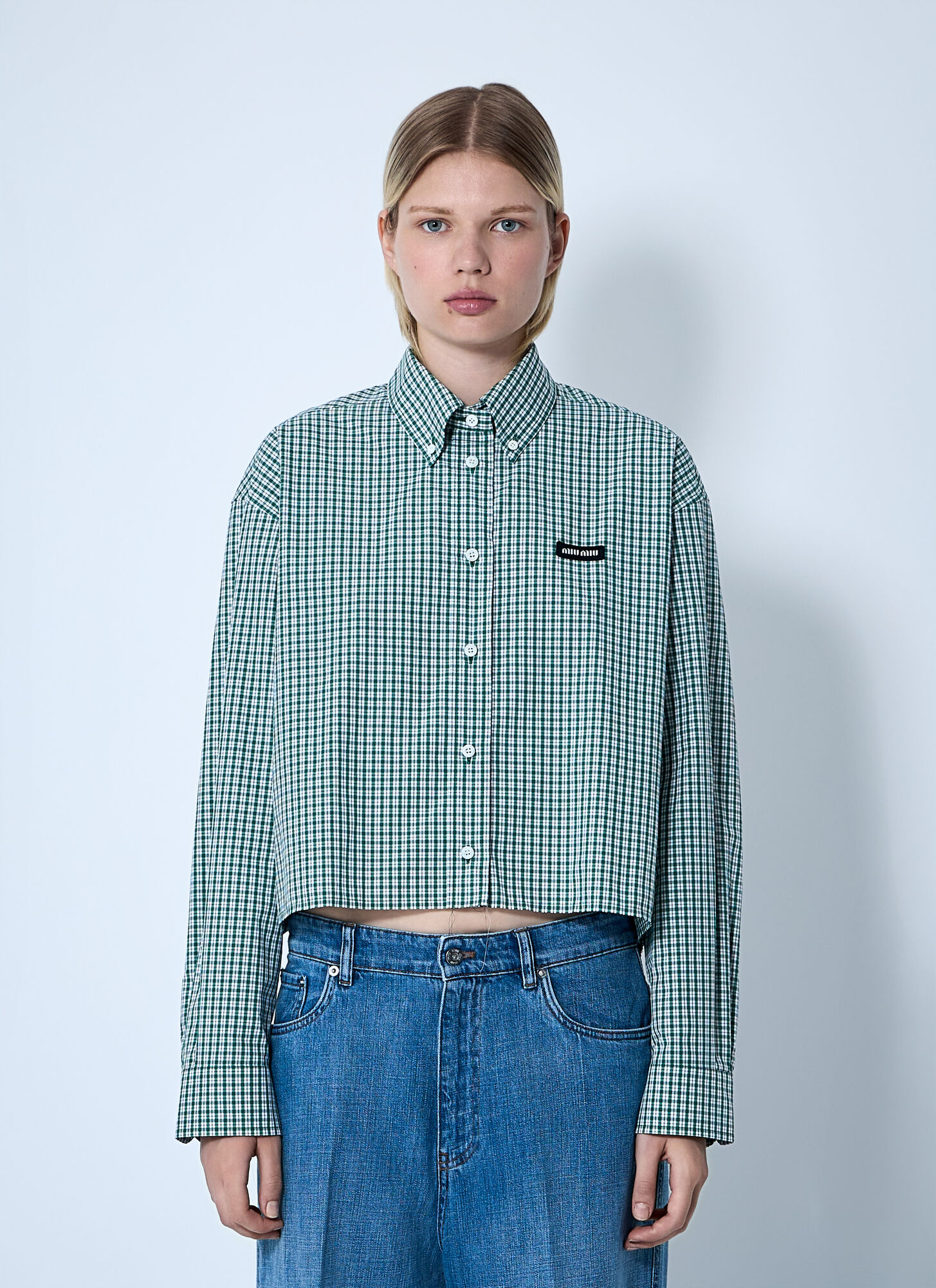 Miu Miu Check Cropped Button-front Shirt In Multi