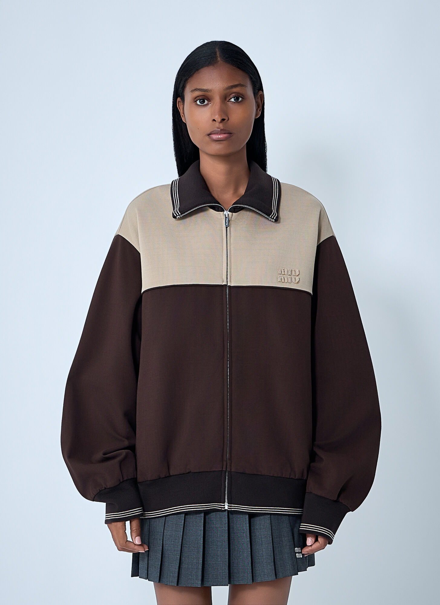 Miu Miu Zip-front Colorblock Knit Sweater In Brown